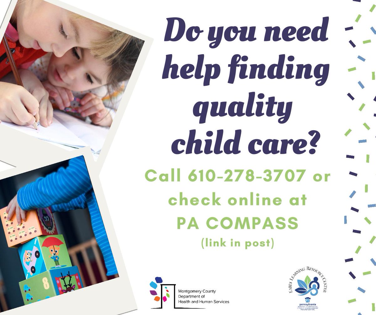 HHSMontcoPA's tweet photo. Do you need help finding quality child care?

Call 610-278-3707 or visit https://t.co/1SQuNs4MLN today!

Learn more about the Early Learning Resource Center Region 17 here: https://t.co/b4vcm9qMRj https://t.co/ugXxZh03Il