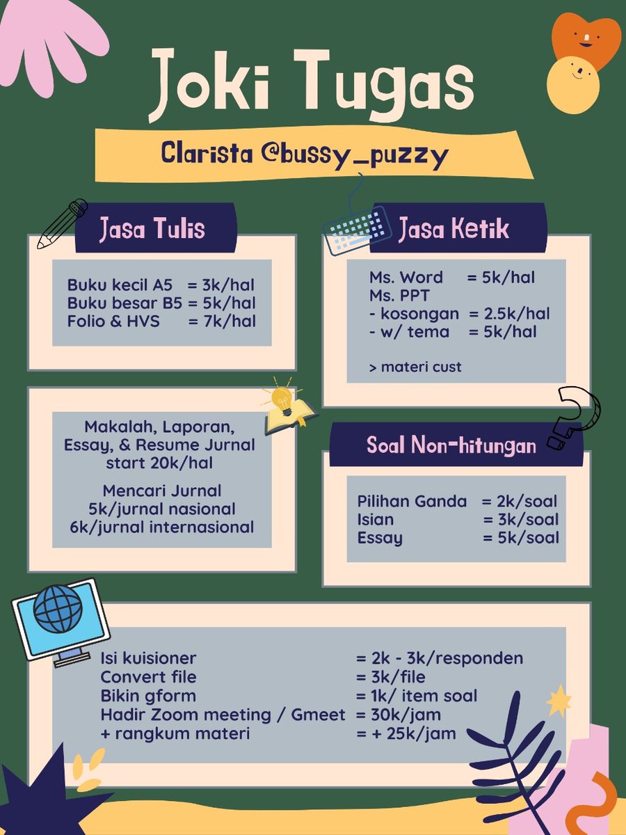 walnuy's tweet photo. Hai! Tugas apa nih? Sini langsung dikerjain🥰
Harga terjangkau banget &amp; boleh nego loh. Pokoknya diusahakan yang terbaik deh buat kamu hihi🥺💖 Yuk mampir ke dm atau wa, https://t.co/0tEwU1jPez. Boleh ditanya-tanya dulu❗

#zonauang https://t.co/P74yem3jVz