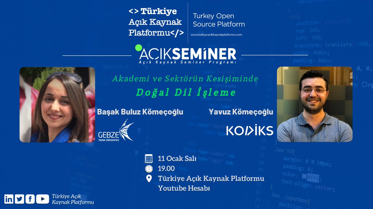 Yılın ilk seminerinde NLP alanındaki akademik ve sektörel çalışmalardan bahsedeceğimiz Akademi ve Sektörün Kesişiminde Doğal Dil İşleme konusuyla AçıkSeminer'de sizlerle buluşuyoruz📢

📅 11 Ocak
⏰19.00
🗣️<a href="/basakbuluz/">Başak Buluz Kömeçoğlu</a> <a href="/YavuzKomecoglu/">Yavuz Kömeçoğlu</a> 
🤝<a href="/GtuEduTr/">Gebze Teknik Üniversitesi</a> <a href="/KodiksBilisim/">Kodiks</a> 
📍YouTube kanalı