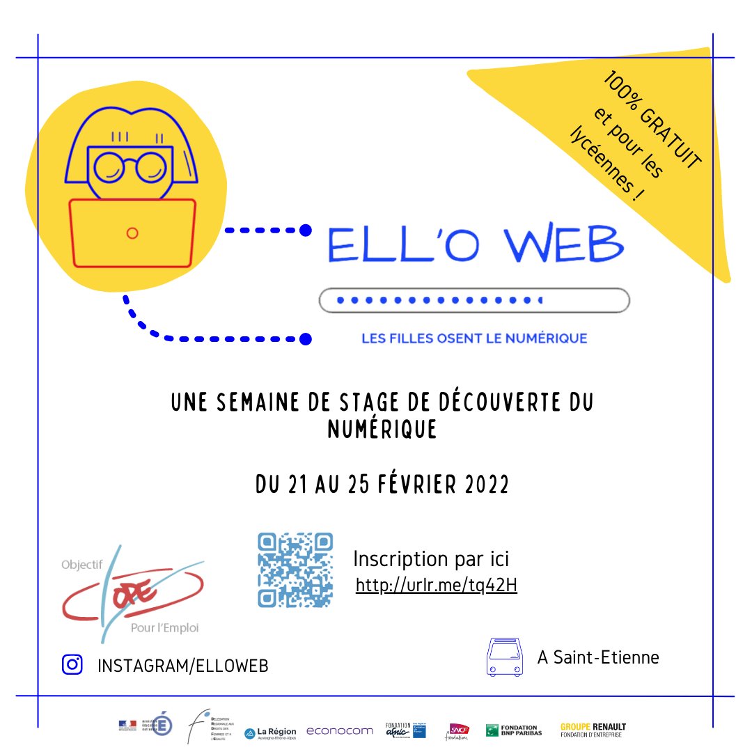 ELL’OWEB, stage d’initiation au #numérique pour les #lycéennes revient durant les vacances de février à Saint-Etienne. ​Une semaine d’ateliers gratuits et ludiques mêlant création graphique, initiation au codage, intelligence artificielle et bien plus ! urlr.me/tq42H