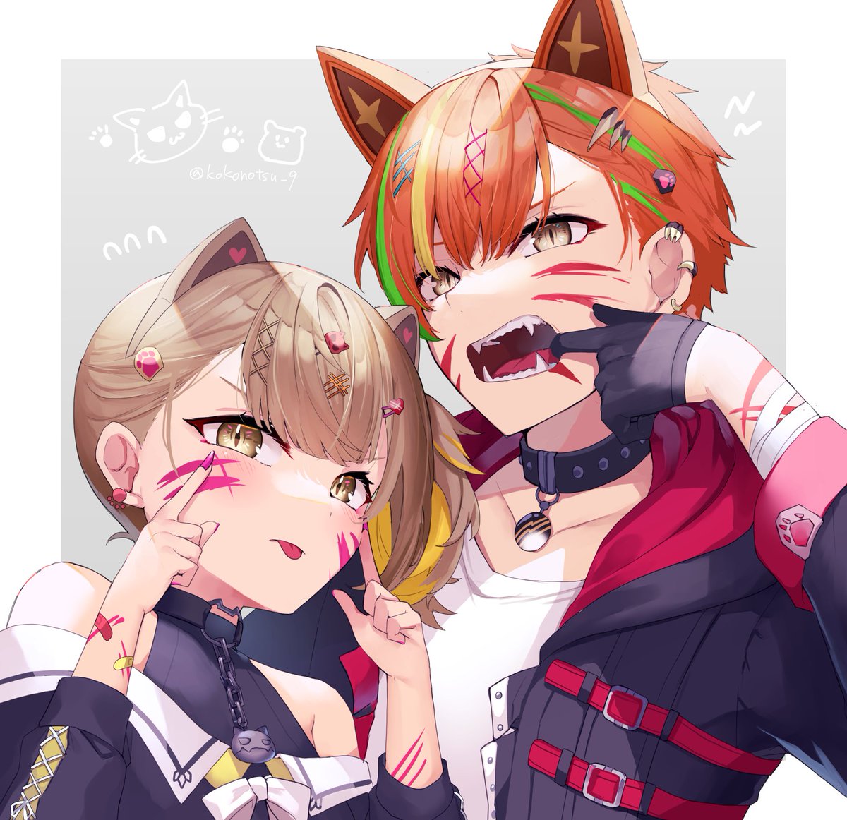 1girl 1boy animal ears tongue tongue out mouth pull orange hair  illustration images