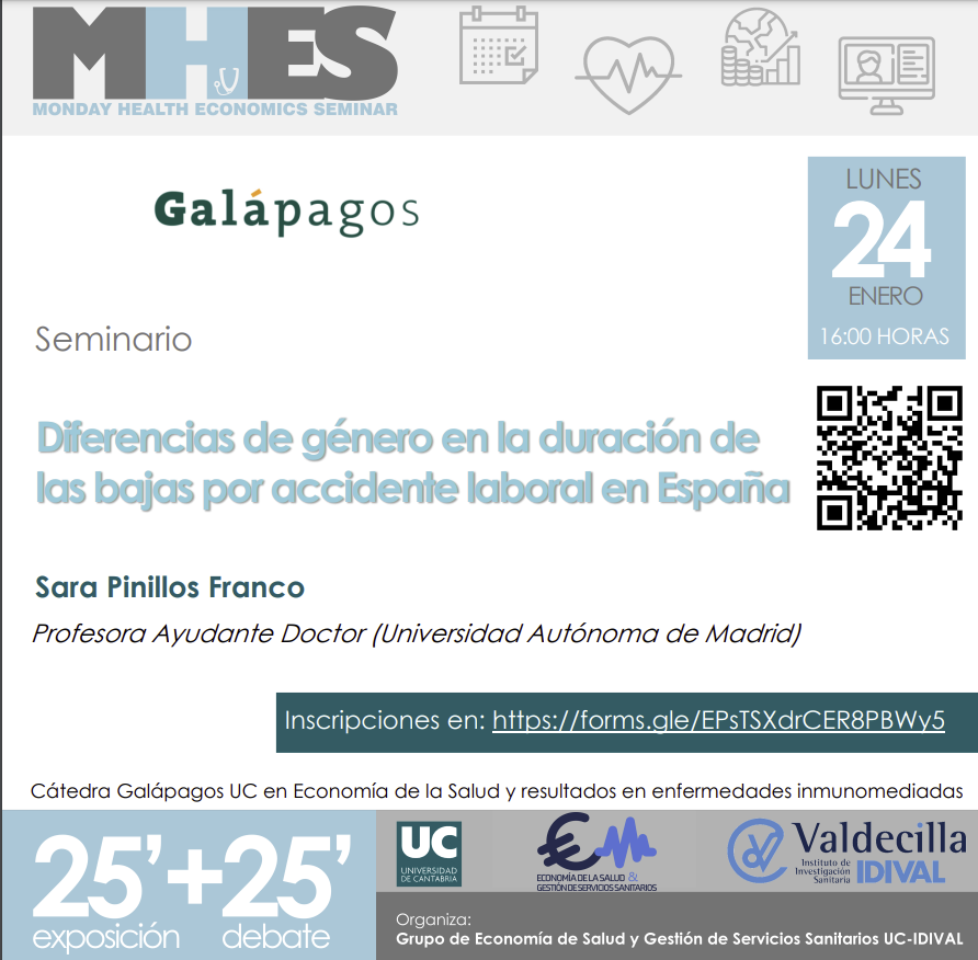 gieconpsalud's tweet photo. El próximo Lunes 24 a las 16h nueva sesión de los Galápagos #MHES. Contaremos con @SaraPinillos (@UAM_Madrid) para hablarnos de las "Diferencias de género en la duración de las bajas por accidente laboral en España" 
Inscripciones: https://t.co/lmB5tOT8pA
@glpg_ES https://t.co/weBdMeAlRk
