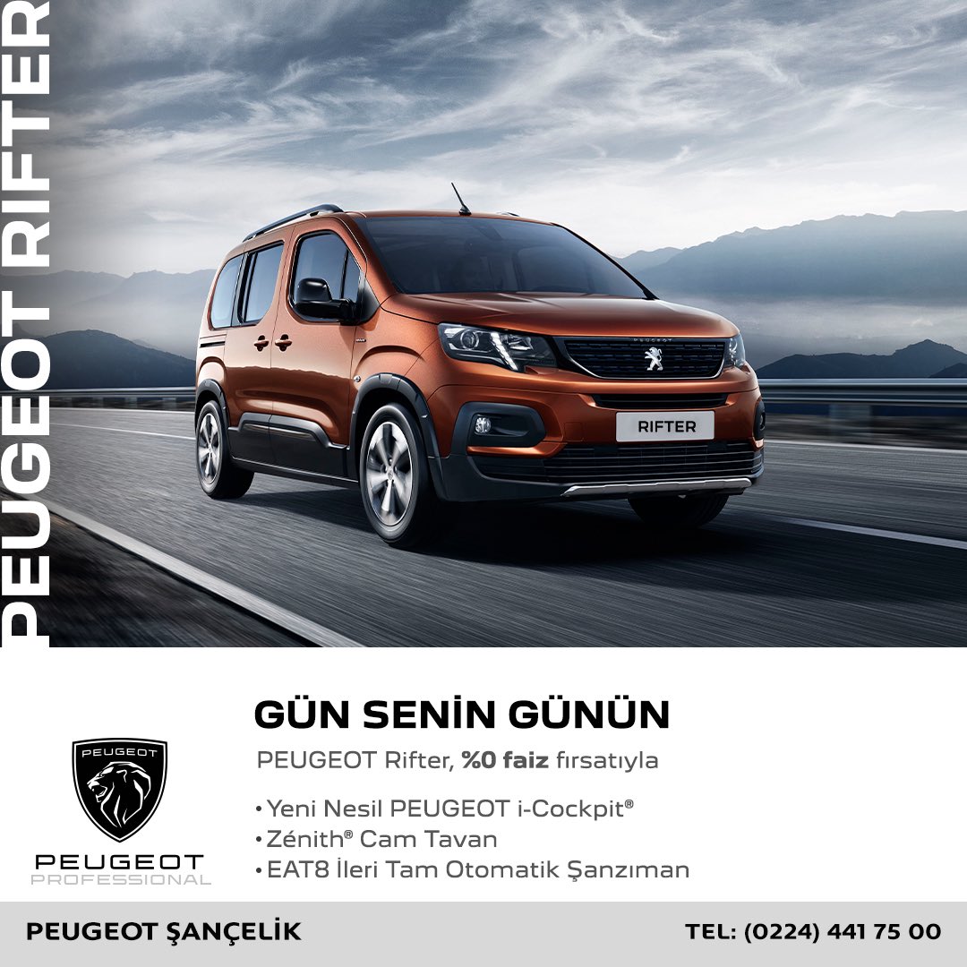 Gün Senin Günün. 

Peugeot Rifter, %0 faiz fırsatıyla

-Yeni Nesil Peugeot i-Cockpit
-Zenith Cam Tavan
-EAT8 İleri Tam Otomatik Şanzıman

detaylı bilgi için: 0224 441 7500
Şançelik Plaza İzmir Yolu 5.Km'de

#peugeot #otomobil #şançelik #bursa #auto #otomotiv