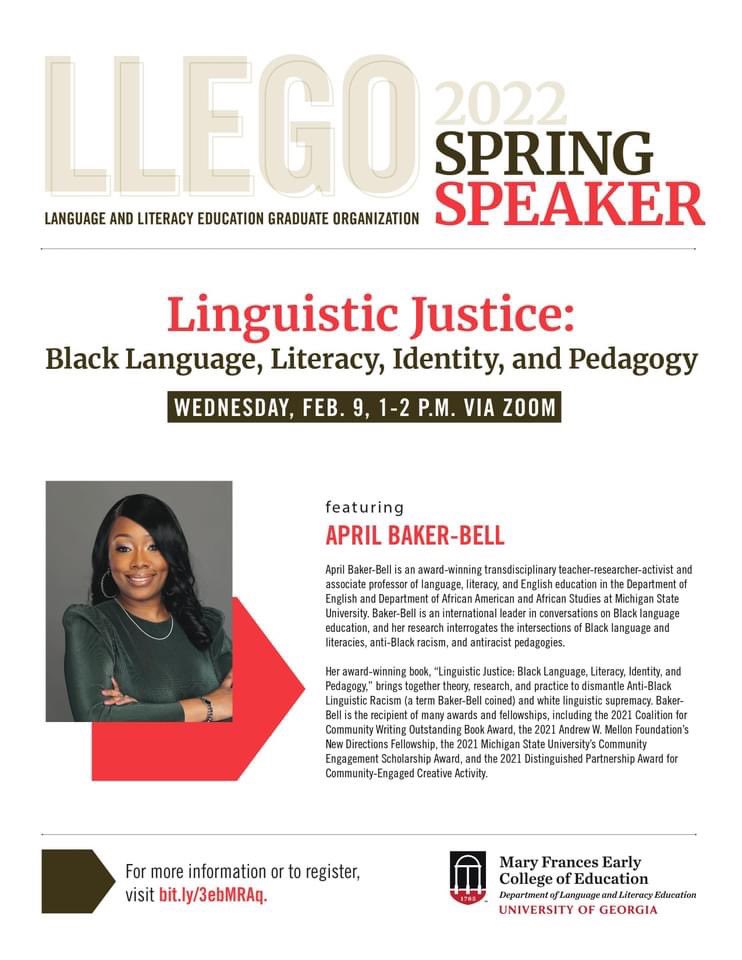 _saurabh_anand_'s tweet photo. If you’re a literacy scholar and researcher, you don’t want to miss @SR_Toliver &amp; @aprilbakerbell’ talks organized by LLEGO, the grad organization of the Department of Langauge and Literacy Education @ugaMFECOE. 
Check out the flyer below 👇🏽 https://t.co/GcAcix0hP8
