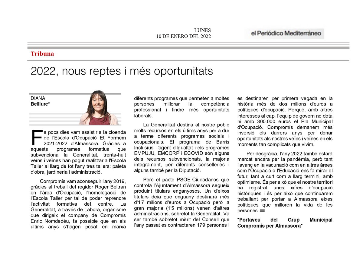 CompromisALMASS's tweet photo. En l'article de la portaveu del nostre Grup Municipal @DianaBelliure que publica aquest dilluns el @epmediterraneo explica un altre dels titulars enganyosos del pacte PSOE-Ciudadanos que controla l'Ajuntament d'Almassora, referit a la inversió en Ocupació. https://t.co/VDOldLtbcK
