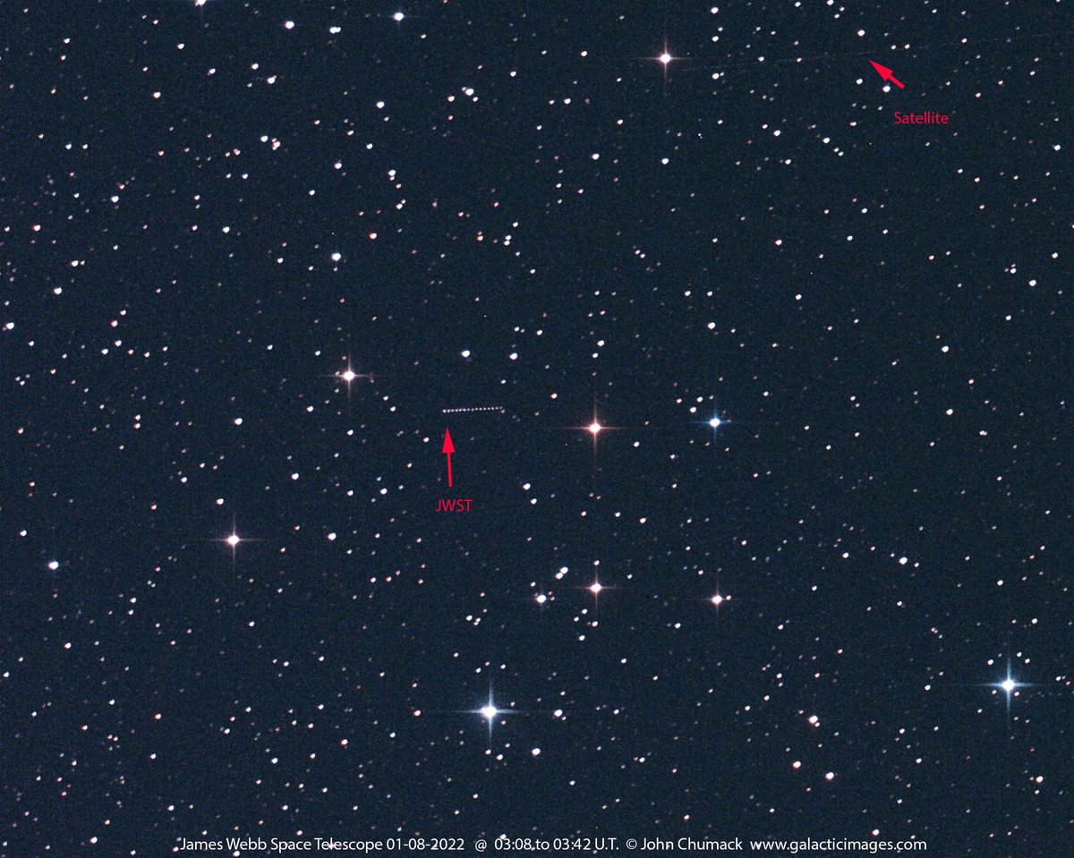 Wondering where the James Webb Space Telescope is? Right here! John Chumack captured it January 8 against the stellar backdrop of Monoceros. Seen here as a streak near the center of the frame, JWST is nearly fully unfolded and moving toward deployment. Enjoy!