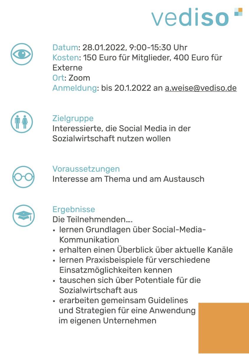 Ihr wollt euch mit eurer sozialen Organisation auf den Weg in die sozialen Medien begeben? Am 28.01.2022 findet unser Online Workshop "#SocialMedia in der #Sozialwirtschaft - Basics“statt! Der #Workshop ist für ALLE Interessierten offen! Alle Infos unter: vediso.de/termine