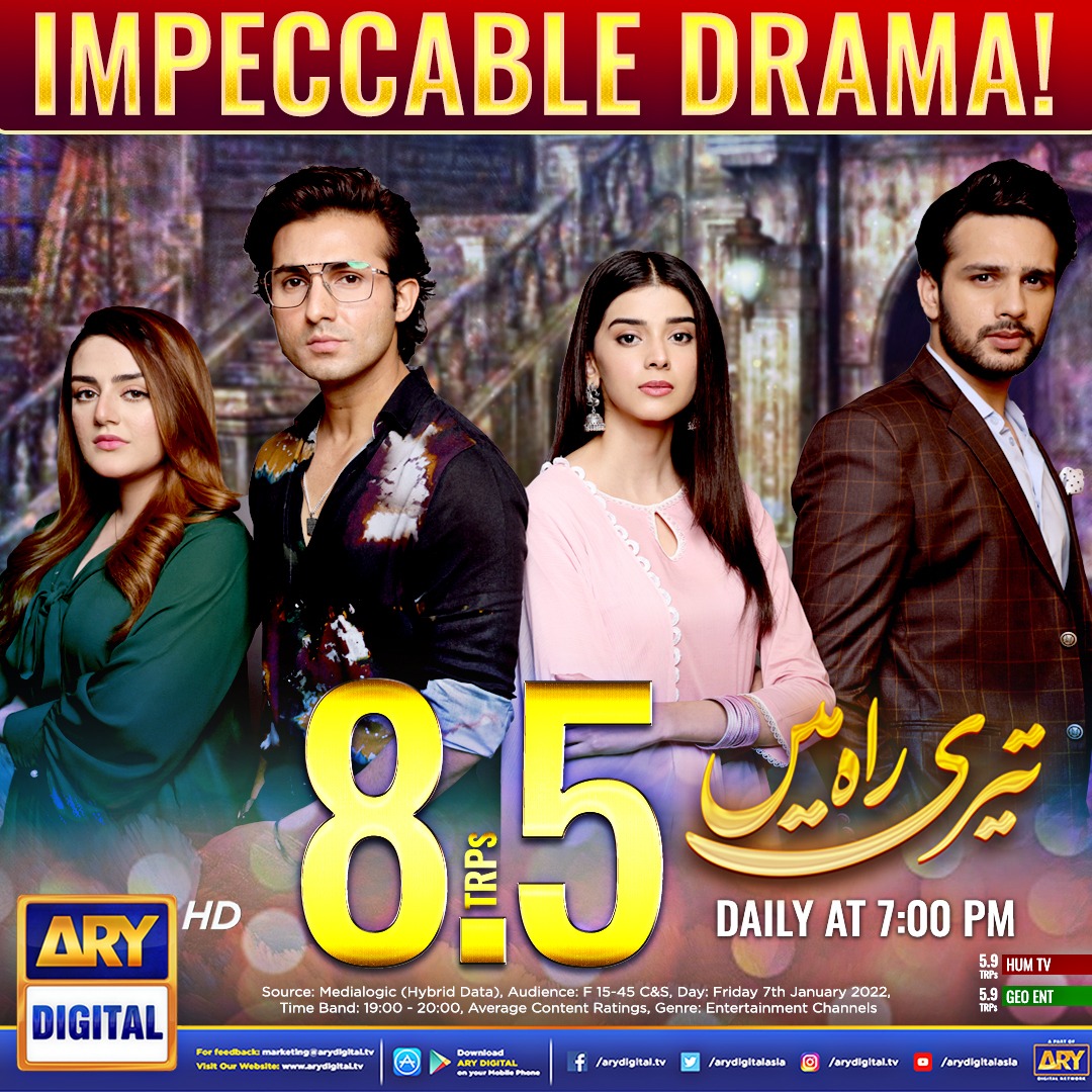 #TeriRahMein is an impeccable drama - acclaimed by the audience!! 💞 Keep watching #TRM daily at 7:00 PM only on #ARYDigital @ZainabShabbir__ @ShahrozSabzwari
