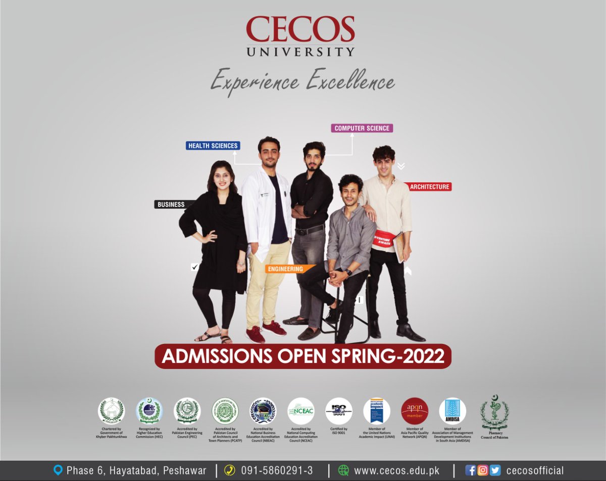 CECOS University (@cecosofficial) on Twitter photo ADMISSIONS OPEN SPRING 2022
Apply Online:
cecos.edu.pk/admissions
For queries, email us at
admissions@cecos.edu.pk
Alternatively, you can reach us via phone or WhatsApp
091-5860291-92
0345-0023267 (WhatsApp)
#CECOSUniversity #admissionsopen #spring2022 #applyonline #applynow ADMISSIONS OPEN SPRING 2022
Apply Online:
cecos.edu.pk/admissions
For queries, email us at
admissions@cecos.edu.pk
Alternatively, you can reach us via phone or WhatsApp
091-5860291-92
0345-0023267 (WhatsApp)
#CECOSUniversity #admissionsopen #spring2022 #applyonline #applynow