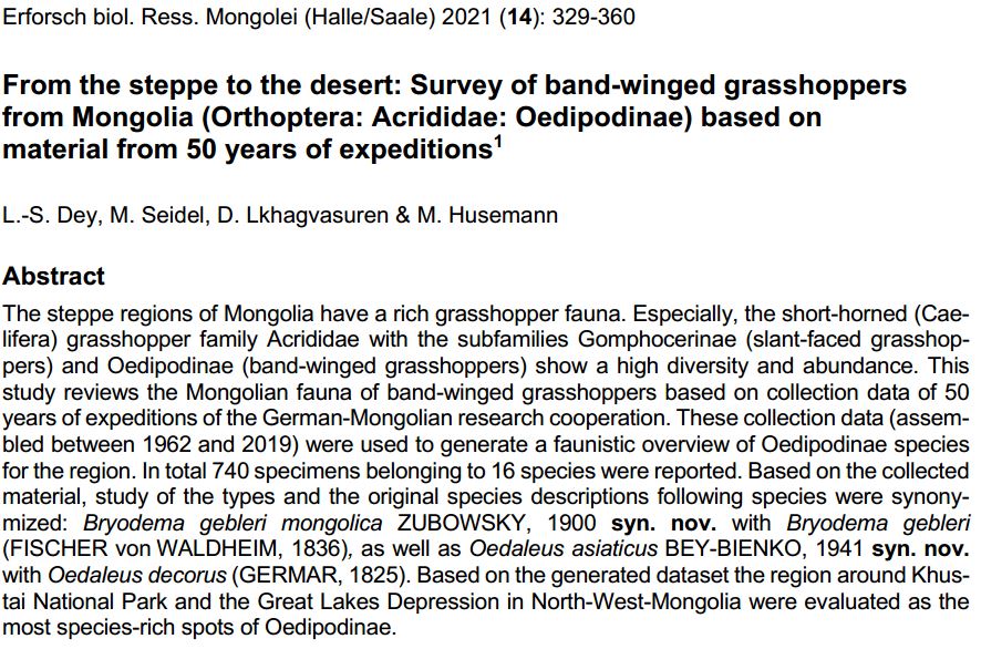 Geniates's tweet image. Latest paper: Dey L-S., Seidel M., Lkhagvasuren D. &amp;amp; Husemann M. (2021). From the steppe to the desert: Survey of band-winged grasshoppers from #Mongolia (#Orthoptera: Acrididae: Oedipodinae) based on material from 50 years of expeditions. Erfor. biol. Res. Mongolei, 14: 329-360.