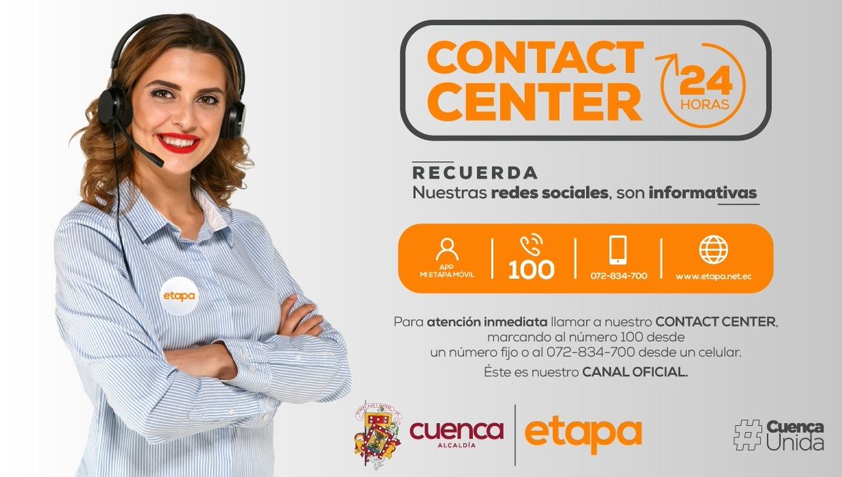 ETAPAOficial's tweet photo. Usted tiene un equipo atento a sus necesidades. Llame al 100. Desde celular al 07-2834700.
El Contact Center de ETAPA EP, atención inmediata.
#EtapaContigo #CuencaUnida @pedropalaciosu @MunicipioCuenca @rubenbenitez_21 https://t.co/euYlPR6mDQ