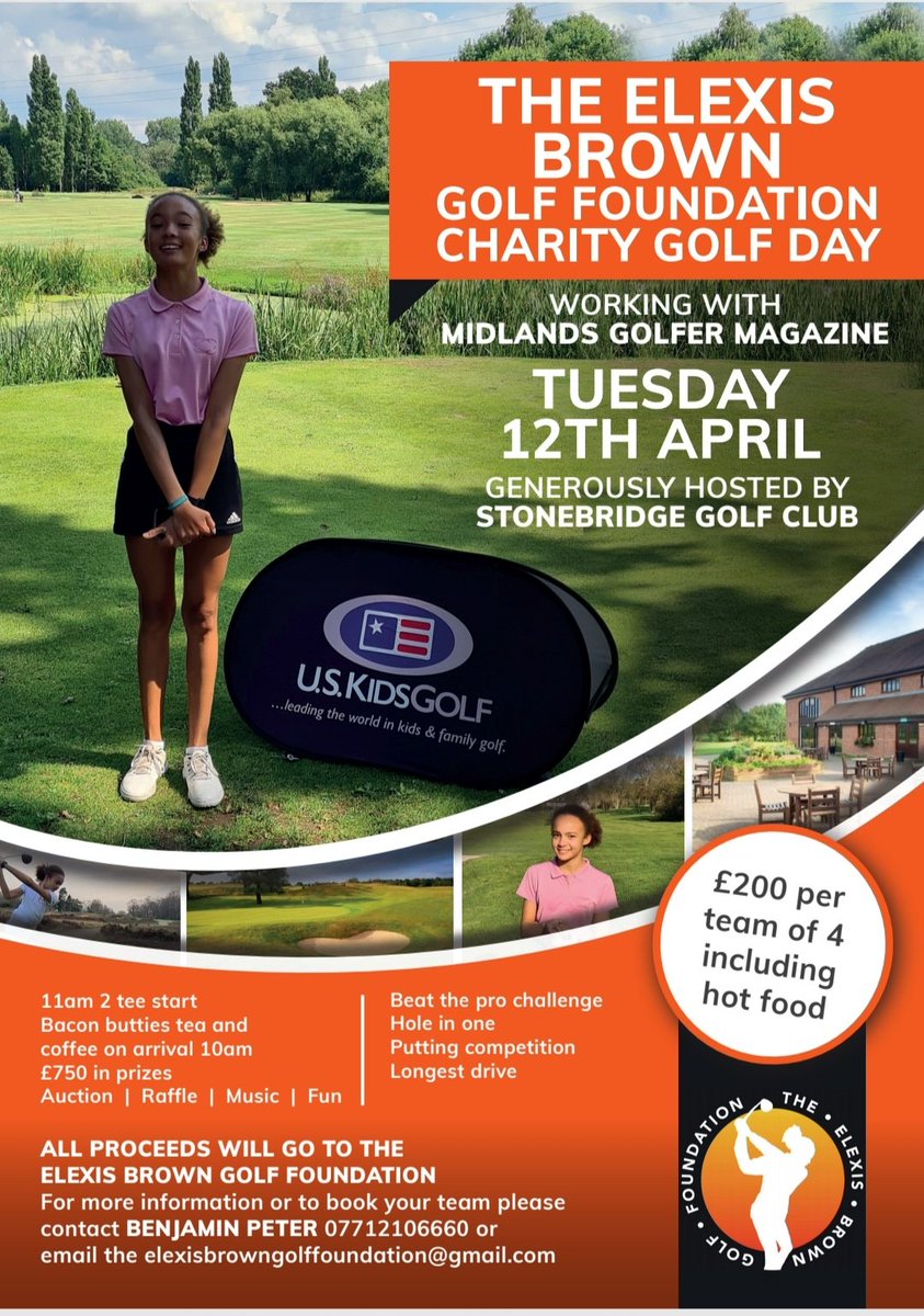 The Elexis Brown Golf Foundation is pleased to announce we have a charity golf day on Tuesday the 12th of April.
<a href="/Stonebridge27/">Stonebridge Golf Club</a>
<a href="/MidlandsGolfer/">Midlands Golfer</a> <a href="/EnglandGolf/">England Golf</a> <a href="/engjuniorgolf/">England Junior Golf</a> <a href="/woodhallspagolf/">Woodhall Spa Golf</a> @GolfNews24 <a href="/golffoundation/">Golf Foundation</a> <a href="/everyshotcount6/">everyshotcountsuk</a> <a href="/TheElexis13/">The Elexis Brown Golf Foundation</a> <a href="/BenPeter38/">Ben Peter</a>