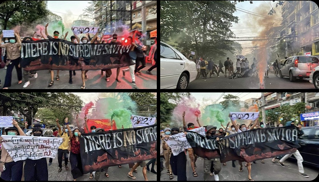 Valiant and bold civilians of Yangon, protested against military dictatorship by using Guerilla tactics to avoid bullets.  #NoFlyZoneInMyanmar #2022Jan10Coup #WhatsHappeningInMyanmar