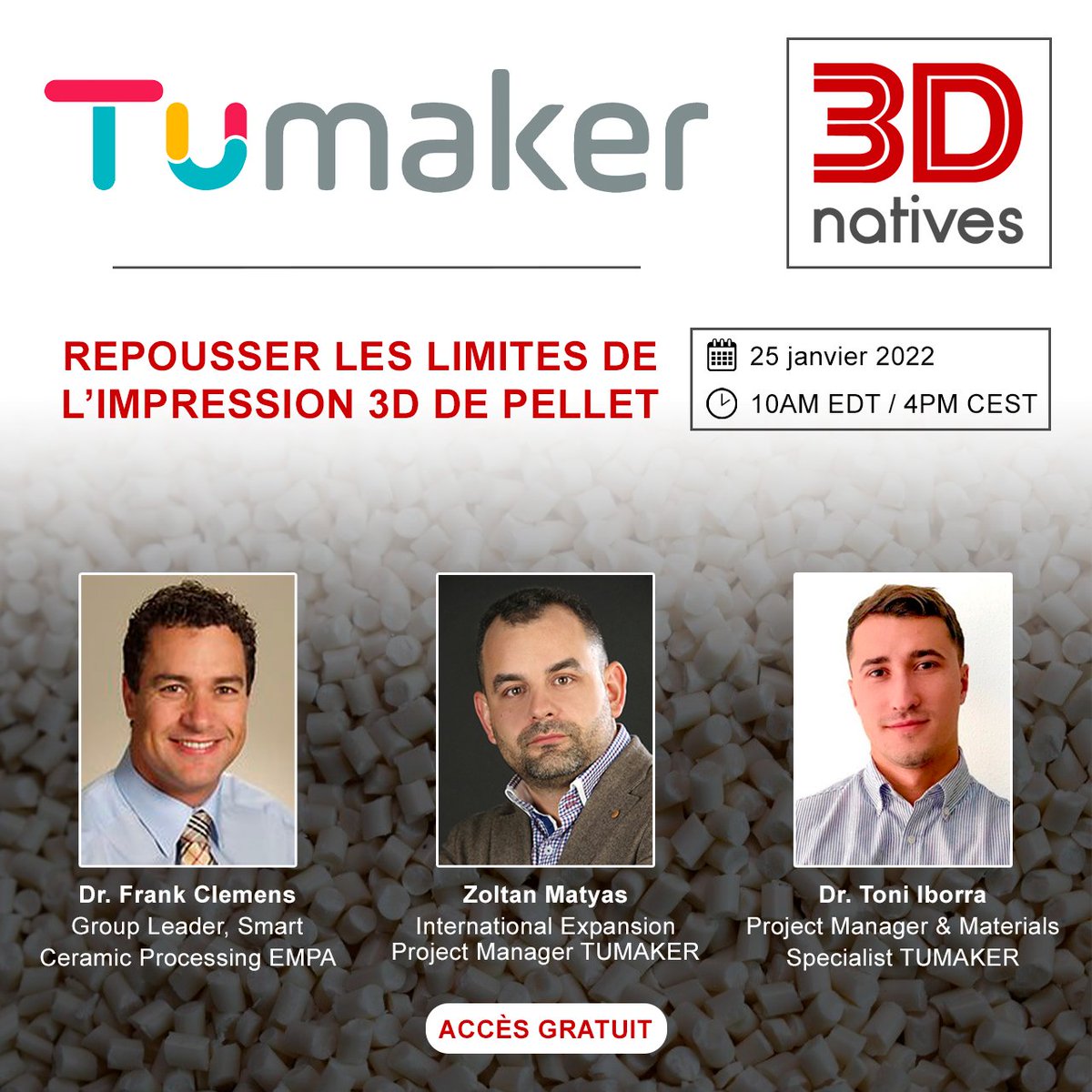 🔴 Pour en savoir plus sur l'impression 3D par pellets, rejoignez <a href="/3Dnatives/">3Dnatives</a> et @Tumakers pour le #webinaire "Breaking Boundaries With Pellet 3D Printing"

🗓️ 25 janvier 2022.
⏰ 4PM CEST (10AM EDT).

🔹 Inscrivez-vous gratuitement: us06web.zoom.us/webinar/regist…

#fabricationadditive