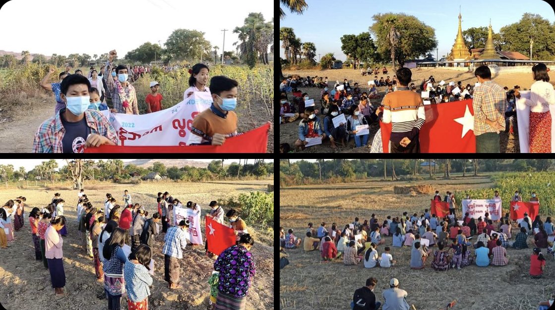 Pro democracy youths in Sone Chaung village, Yinmarbin Township, are still marching with vigor to keep opposing the military dictatorship.   #NoFlyZoneInMyanmar #2022Jan10Coup #WhatsHappeningInMyanmar