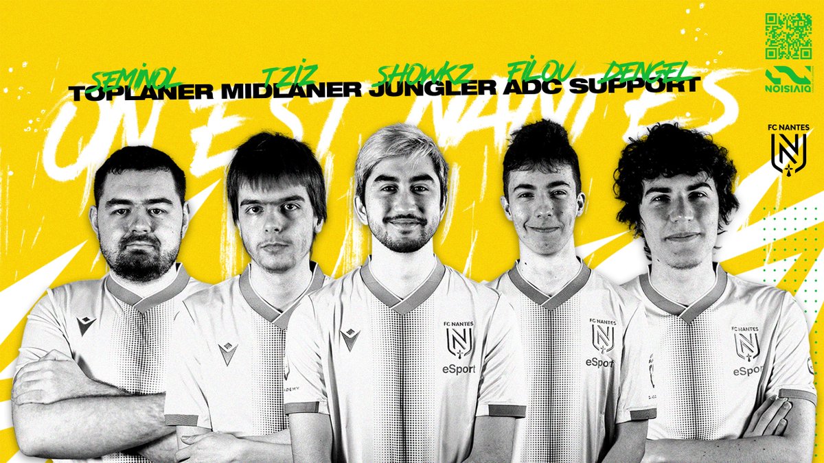 FCNantesEsports's tweet photo. Voici notre roster au complet ! Ils représenteront fièrement le FC Nantes pour cette saison de Div2 !

TOP⛰️@Seminol_lol 
JNG🦁@Showkz 
MID🌪️@Tzizzzz 
ADC🤡@Filou_La_malice 
SUP🆕@Dengel_lol 

#OnEstNantes https://t.co/l7elLNX7cy