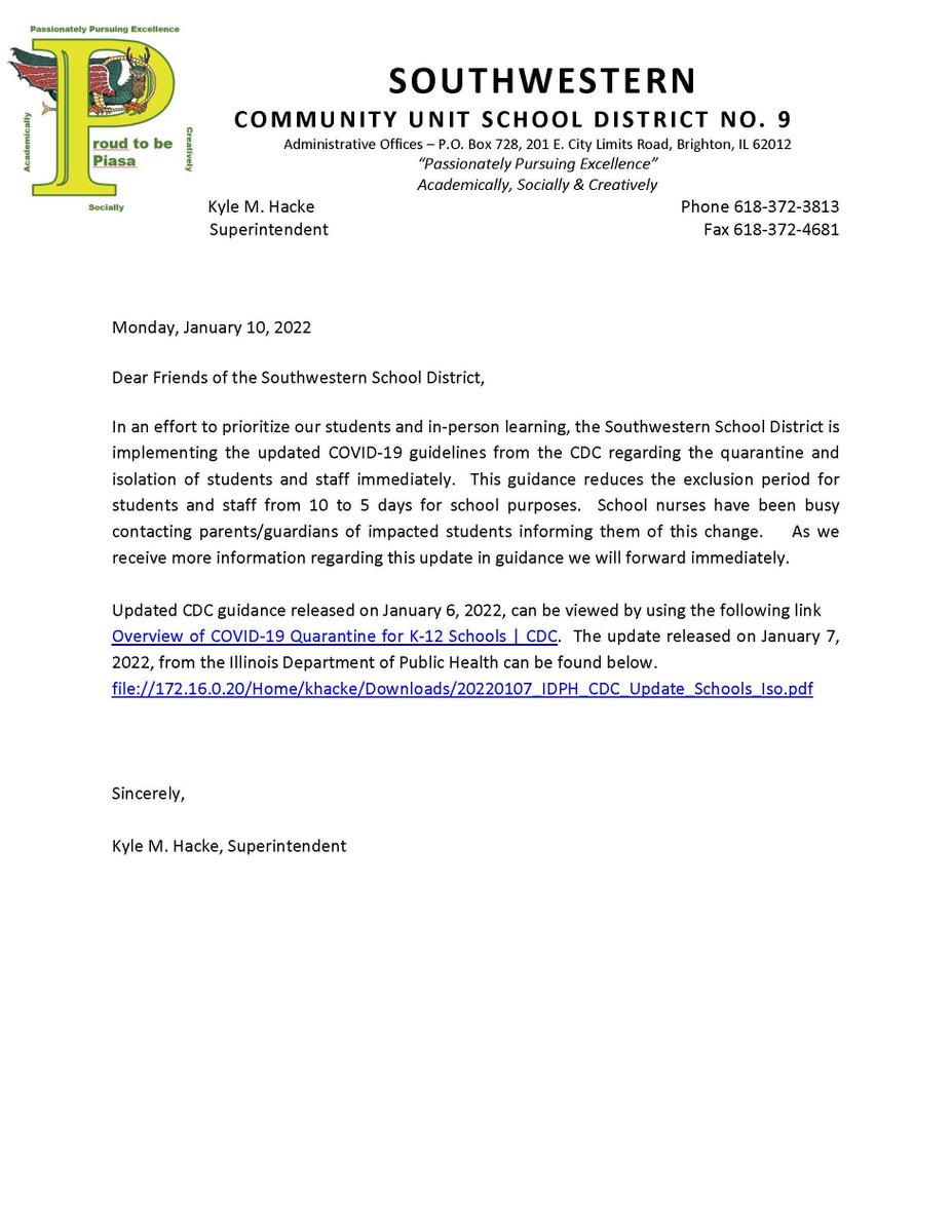 Please read this important update from the Southwestern School District.