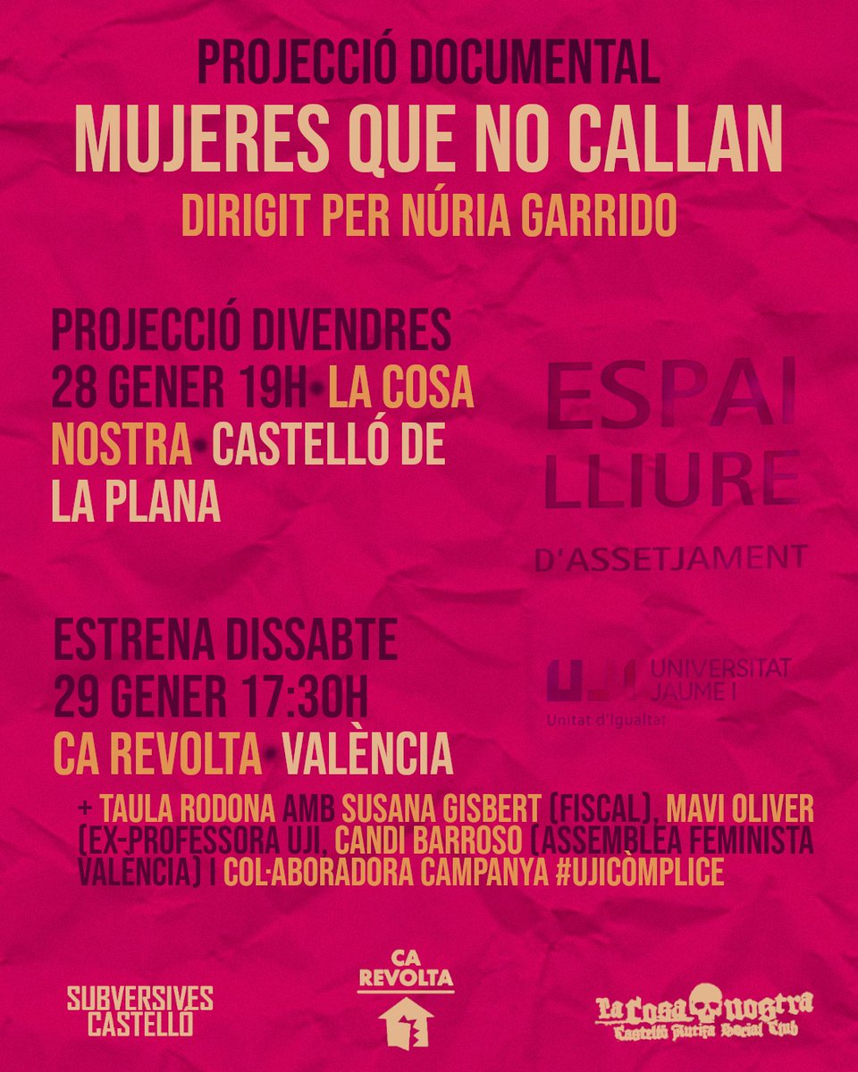 Quan se'm ocórrer la idea de plasmar les agressions masclistes que denunciaven <a href="/SubversivesCS/">Subversives Castelló</a> i <a href="/vetencobreix/">Vet encobreix</a> en un documental...no veia el final. Hui quasi un any després podem anunciar les dates de projeccions! Estem molt orgulloses 🎬💜