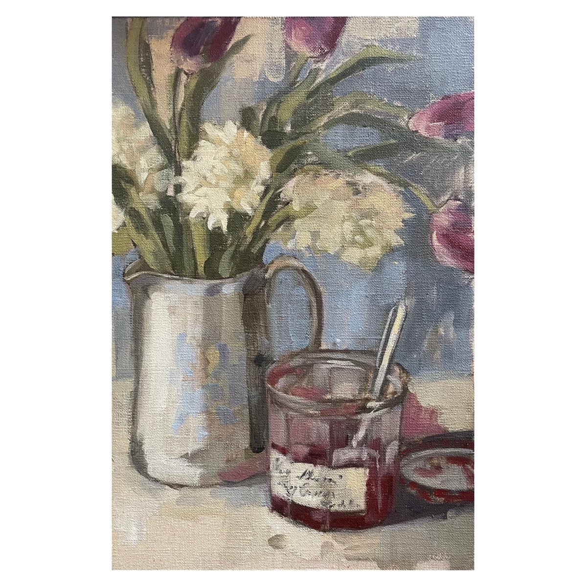 FionaCarver's tweet photo. Day 10 of the #stradaeasel challenge. Already a third of the way through! I really enjoyed painting this one.  Flowers and Jam 30x20 cm Oil on linen board. #painting #stradaeaselchallenge #stilllife #Flowers #flowerpainting #flowerstilllife #oilpainting #allaprima https://t.co/t8m7oTkTeK