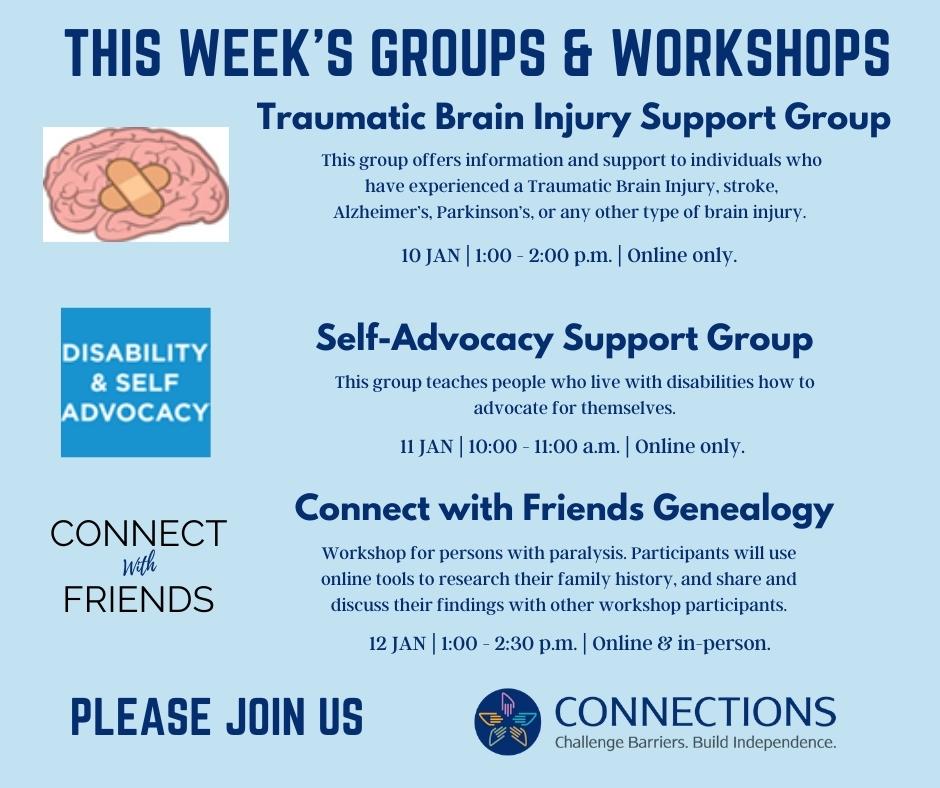 cilgreeley's tweet photo. Come join Connections for our weekly support groups; the Traumatic Brain Injury Support Group today from 1PM-2PM, Self-Advocacy Support Group on Jan 11 from 10AM-11AM, and our NEW Connect With Friends Genealogy workshop on Jan 12 from 1PM-2:30PM

https://t.co/FyZa8amI9n https://t.co/itUBSbFbJc