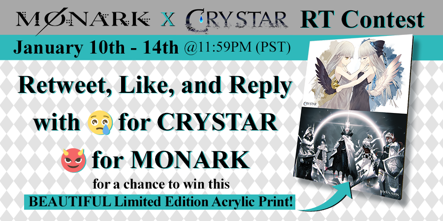 There’s a whole lotta edge goin’ on here in this FuRyu collab 👀

CRYSTAR and MONARK are teaming up to bring you this BEAUTIFUL (and edgy) Limited Edition Acrylic Print! 

To enter:
- RT, Like, and Reply to this post with either
😢 for CRYSTAR, or 😈 for MONARK