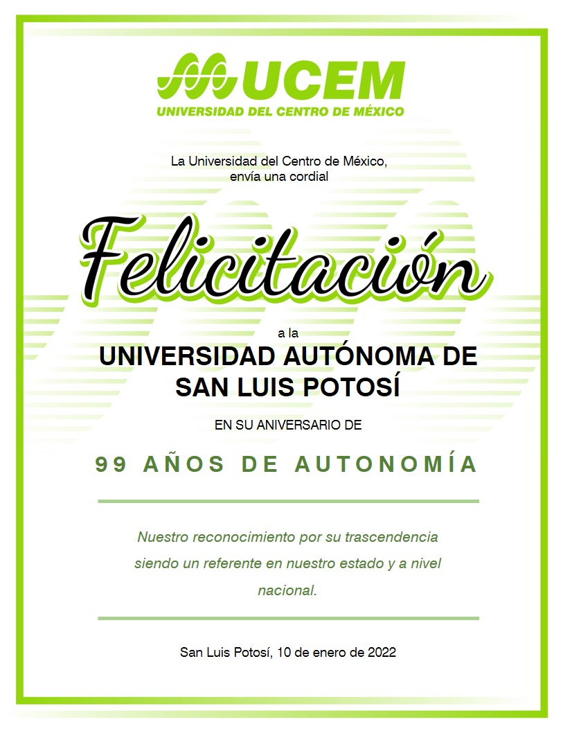 ucemcomunica's tweet photo. Nuestra felicitación a la #UASLP, en su 99° aniversario de ser la primera universidad autónoma de México. #soyUCEM #Universidad https://t.co/8zaAFbt5vz