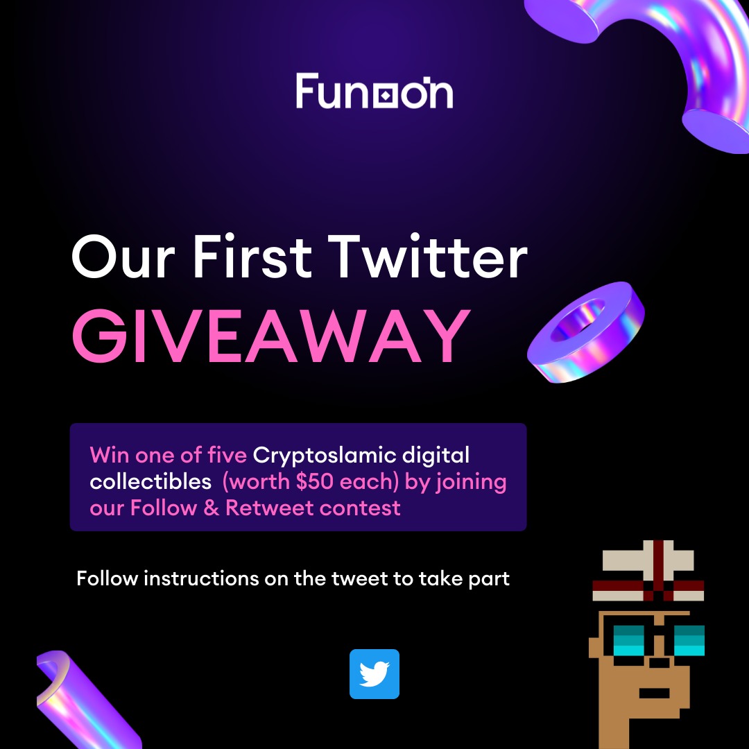 FUNOON CRYPTOSLAMIC GIVEAWAY!

Enter to win one of 5 exclusive $50 Cryptoslamic NFTs. The NFTs are part of a set of 5,000 Official Utility NFTs of Funoon.

How to enter:

1. Follow @FunoonNFT
2. Retweet this tweet 
3. Tag 3 friends in the comments 

Winners announced 17th January
