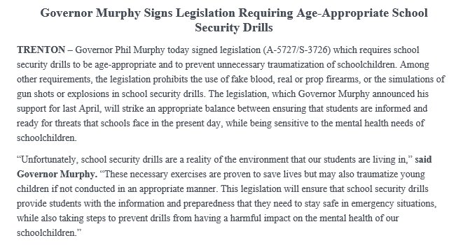 GovMurphy's tweet photo. Today, I signed legislation that will require age-appropriate school security drills to prevent unnecessary traumatization of schoolchildren. 

This action will ensure that our students are prepared in the event of an emergency while also protecting their mental health. https://t.co/76CBB5Hei2