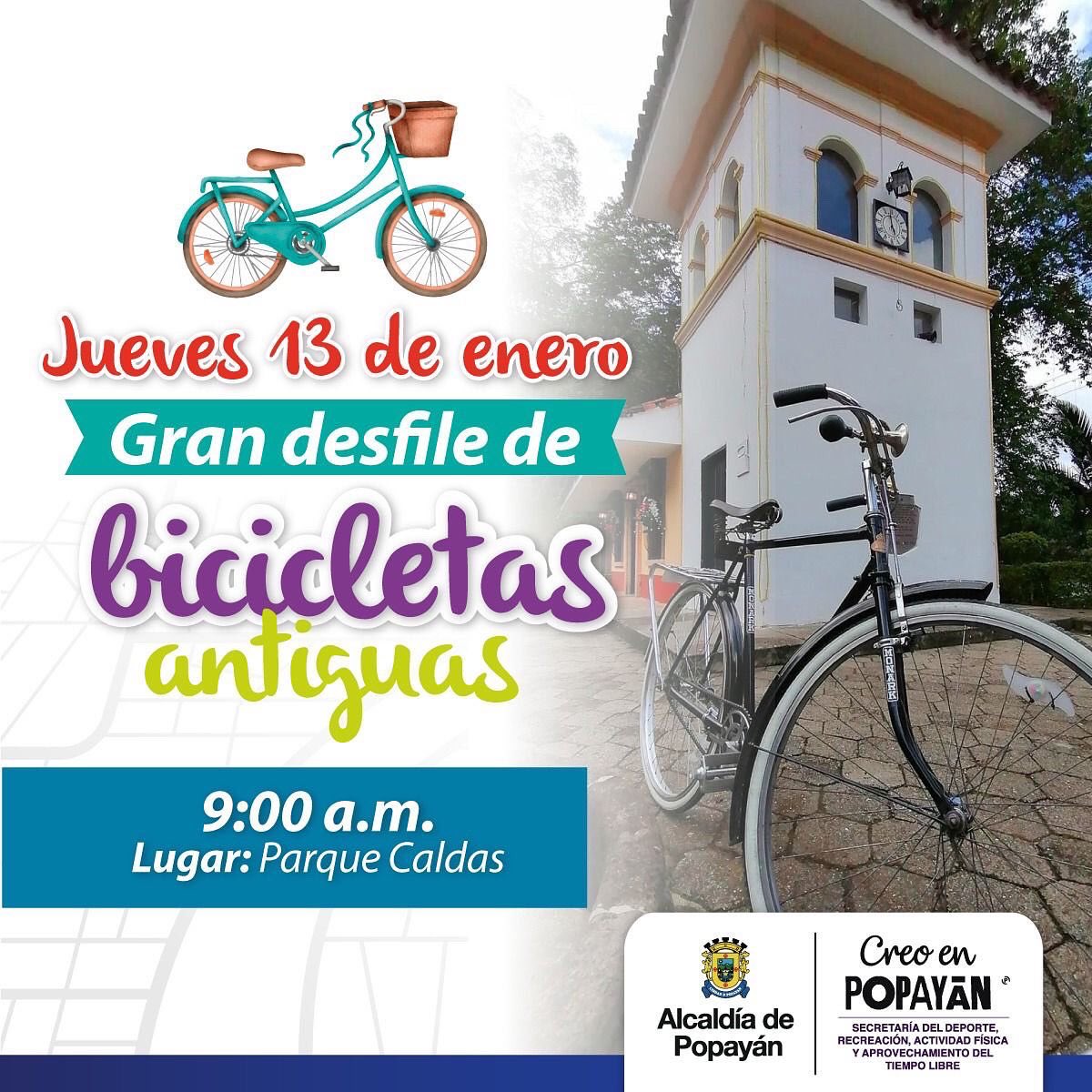 AlcaldiaPopayan's tweet photo. En el cumpleaños de Popayán; te invitamos a vivir un viaje en el tiempo 🕰️ con el Desfile de Bicicletas Antiguas 🚲

Te esperamos este jueves 13 de enero, a partir de las 9:00 a.m 🙋🏻‍♀️🙋🏻‍♂️

▶️ Lleva tu mejor pinta de la época 👀 

👉🏻 Formulario de inscripción: https://t.co/Ww3tnLLJyx https://t.co/TQfB7fiWWH