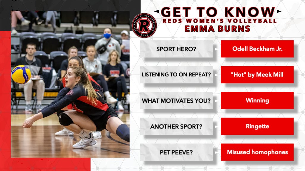 With competition 'paused,' we thought it might be a good idea for you to get to know some of our REDS student-athletes.
First... outside hitter Emma Burns, of <a href="/unb_wvb/">UNB REDS Women's Volleyball</a>. She's in her third year with the team, playing her first year of eligibility.
#goredsgo #gettoknowREDS