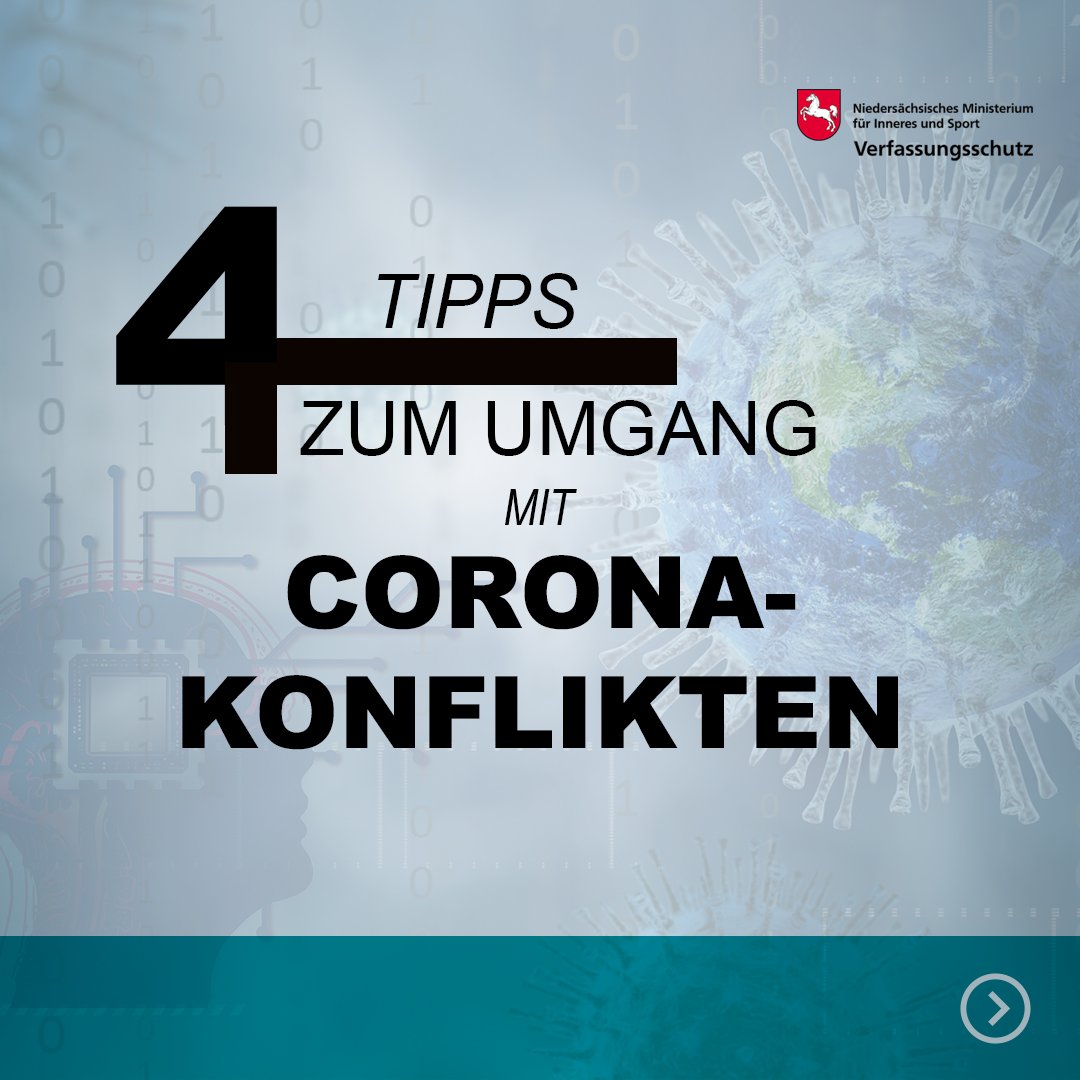 LfV_NI's tweet photo. Wie gehe ich mit #Corona-Konflikten um?
Vielleicht hat sich die eine oder der andere von euch diese Frage in letzter Zeit ja häufiger gestellt.

Wir haben vier Tipps für euch zusammengestellt, wie ihr euer Gegenüber erreicht, wenn der #Konflikt "Corona" heißt. https://t.co/zsdY9FzGDF