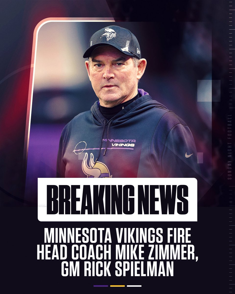 SNFonNBC's tweet photo. The Minnesota Vikings have fired Head Coach Mike Zimmer and General Manager Rick Spielman. Zimmer went 72-56-1 in eight seasons with the Vikings. https://t.co/QpqCZNRD4N