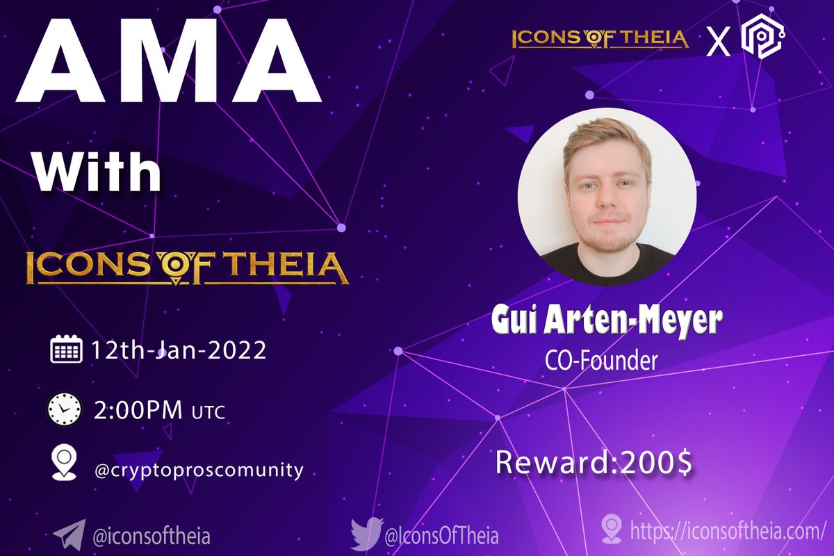 Crypto_ProsCM's tweet photo. #AMA 
CryptoPros Community × @IconsOfTheia 

🗓 DATE  :  12th, Jan, 2022
⏰ TIME  :   2:00 PM UTC
🏠 VENUE : https://t.co/GIuAWNUosZ        
 
🏆Reward Pool: 200$ https://t.co/8mGmwT09O5