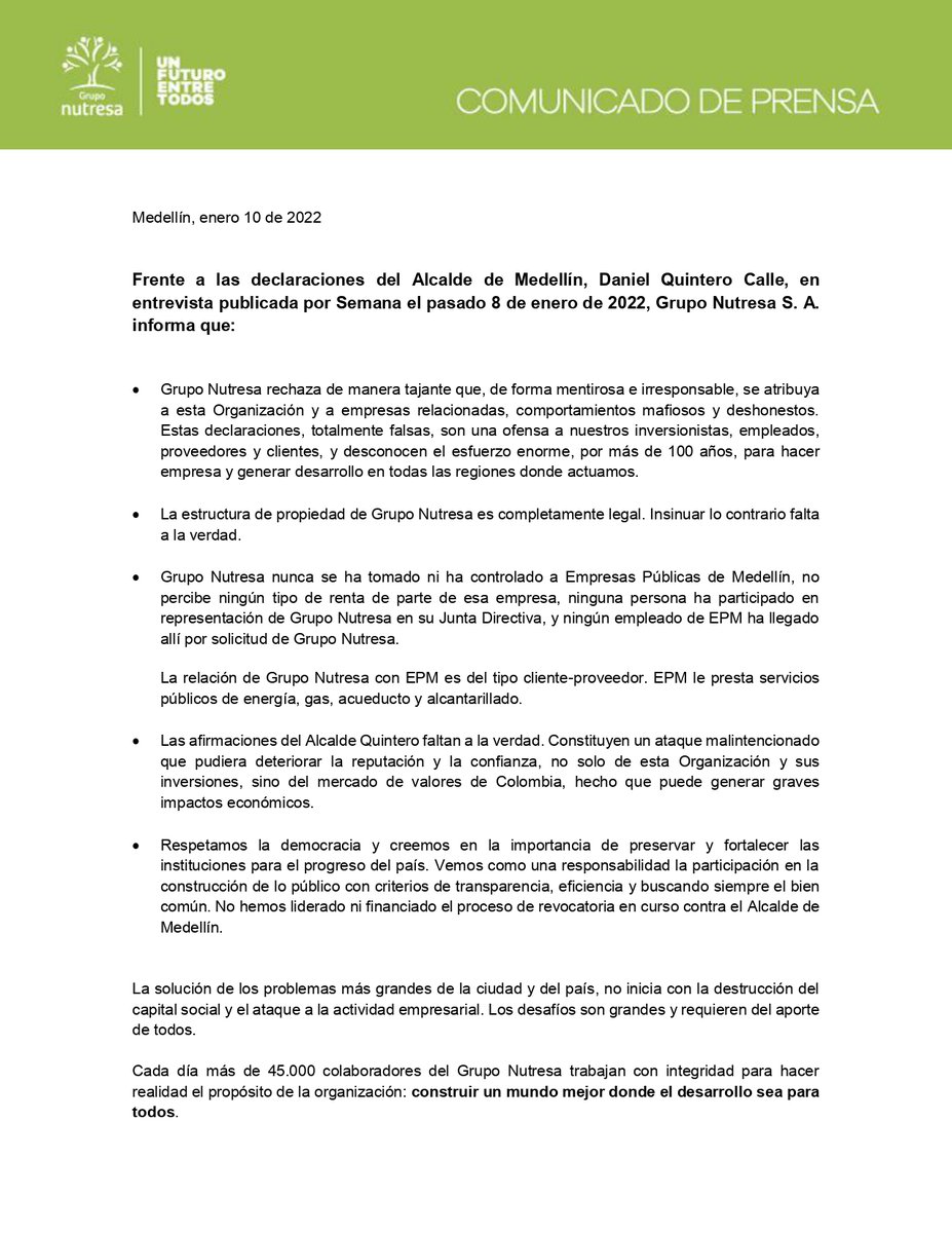 Grupo Nutresa comparte su posición frente a las recientes declaraciones del Alcalde Daniel Quintero 👇