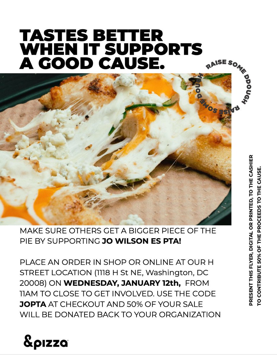 Get dinner from H&amp;Pizza this Wednesday night and help us raise money for <a href="/JOWilsonDC/">J.O. Wilson ES</a>!

<a href="/W6PSPO/">Ward 6 Public Schools Parent Organization</a> <a href="/theHillisHome/">The Hill is Home</a> <a href="/FrozenTropics/">Frozen Tropics</a> <a href="/HStGreatSt/">H Street Great Street</a> <a href="/HStreetDC/">H STREET NE CORRIDOR</a> @keya_chatterjee <a href="/DrewCourt_6C06/">Drew Courtney</a>