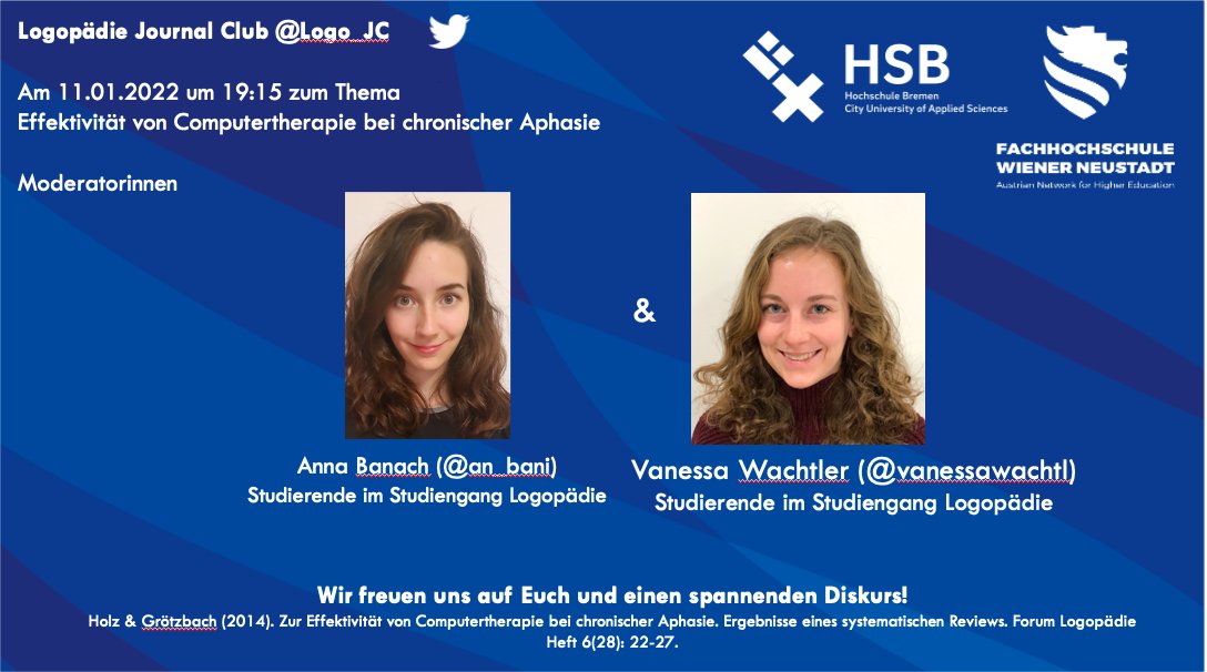 Morgen ist es wieder soweit! Der erste Logo-Journal Club  des neuen Jahres startet wieder! Für den Artikel und die Leitfagen zur Effektivität von digitaler Aphasietherapie schaut auf hs-bremen.de/die-hsb/aktuel… <a href="/an_bani/">Anna B.</a> und <a href="/vanessawachtl/">Vanessa</a> von der FHWN freuen sich auf euch!