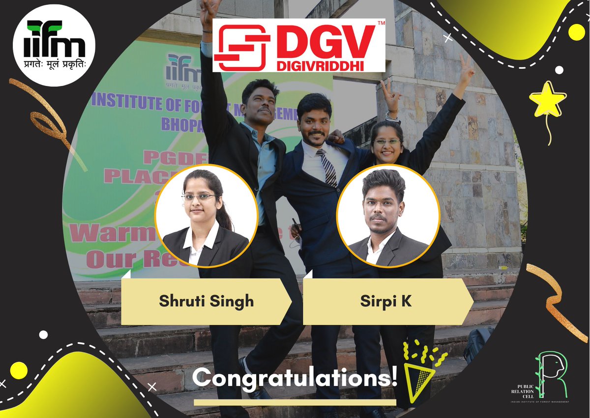 IIfmBhopal's tweet photo. We are happy and delighted to announce the placement of our students, Shruti Singh and Sirpi K (PGDFM 2020-22) in DGV. Warmest congratulations on your achievement.

#iifm #iifmbhopal #iifmites #campusplacements #placements #managementprogrammes #ForstryManagement #Forestry #PGDFM https://t.co/DIqydWm4Yr
