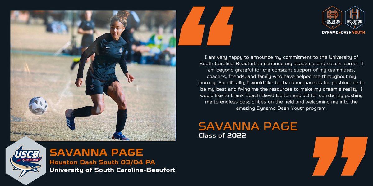 🚨 College Commitment! 🚨

<a href="/savsoccer03/">Savanna Page</a> from the Houston Dash South 03/04 PA has committed to <a href="/uscbsoccer/">USCB Soccer</a>! Congrats, Savanna! 🧡

#dynamodashyouth #ddycollegecenter #ddycff #collegefitfinder <a href="/USCBeaufort/">University of South Carolina Beaufort</a> <a href="/stxsoccer/">South Texas Youth Soccer</a> <a href="/NationalLeague/">National League</a>