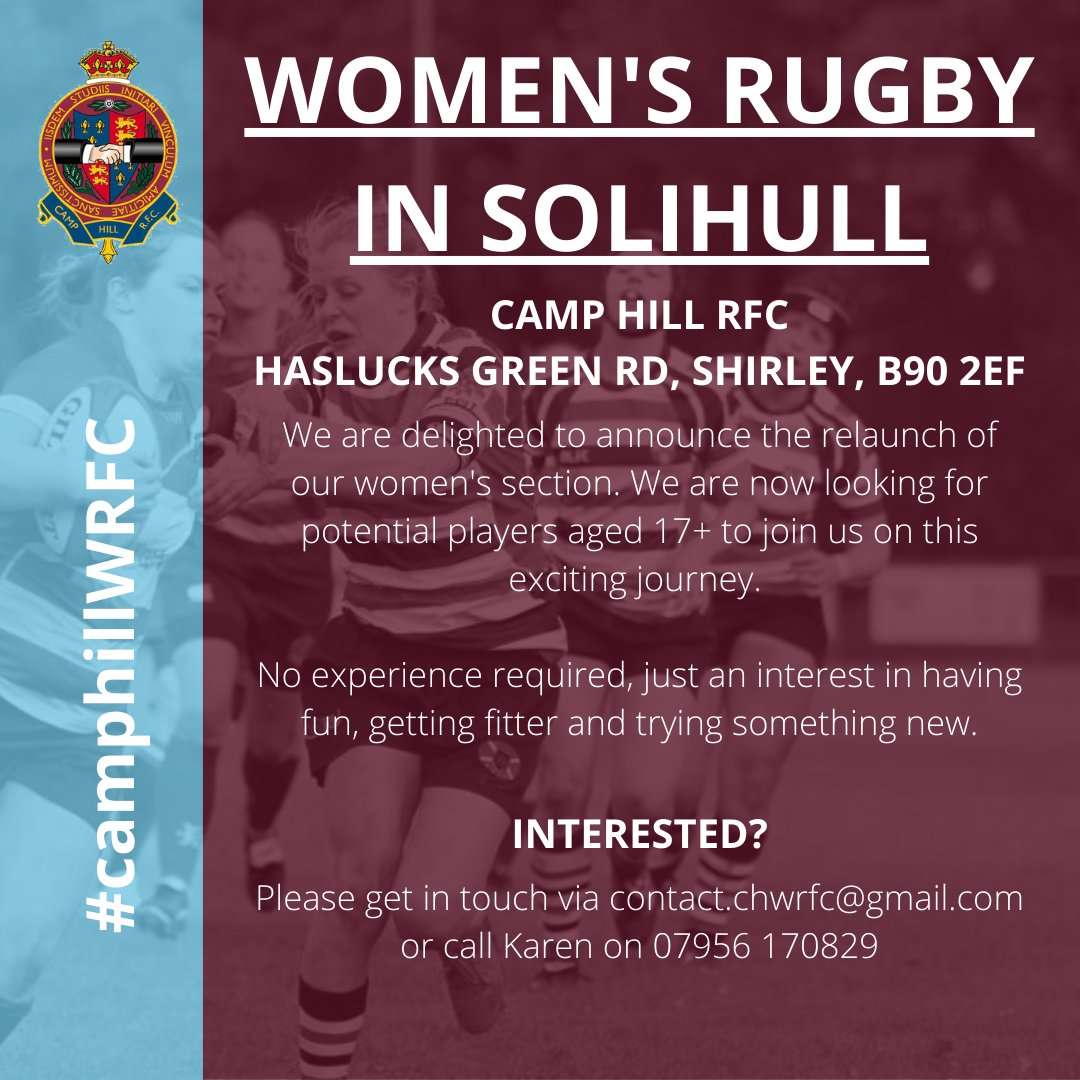 We are delighted to announce the relaunch of our women's section 🏉

Interested?
Drop us a DM, give Karen a call on 07956 170829 or email contact.chwrfc@gmail.com

#camphillwrfc #solihull #shirley #camphillrfc #womensrugby