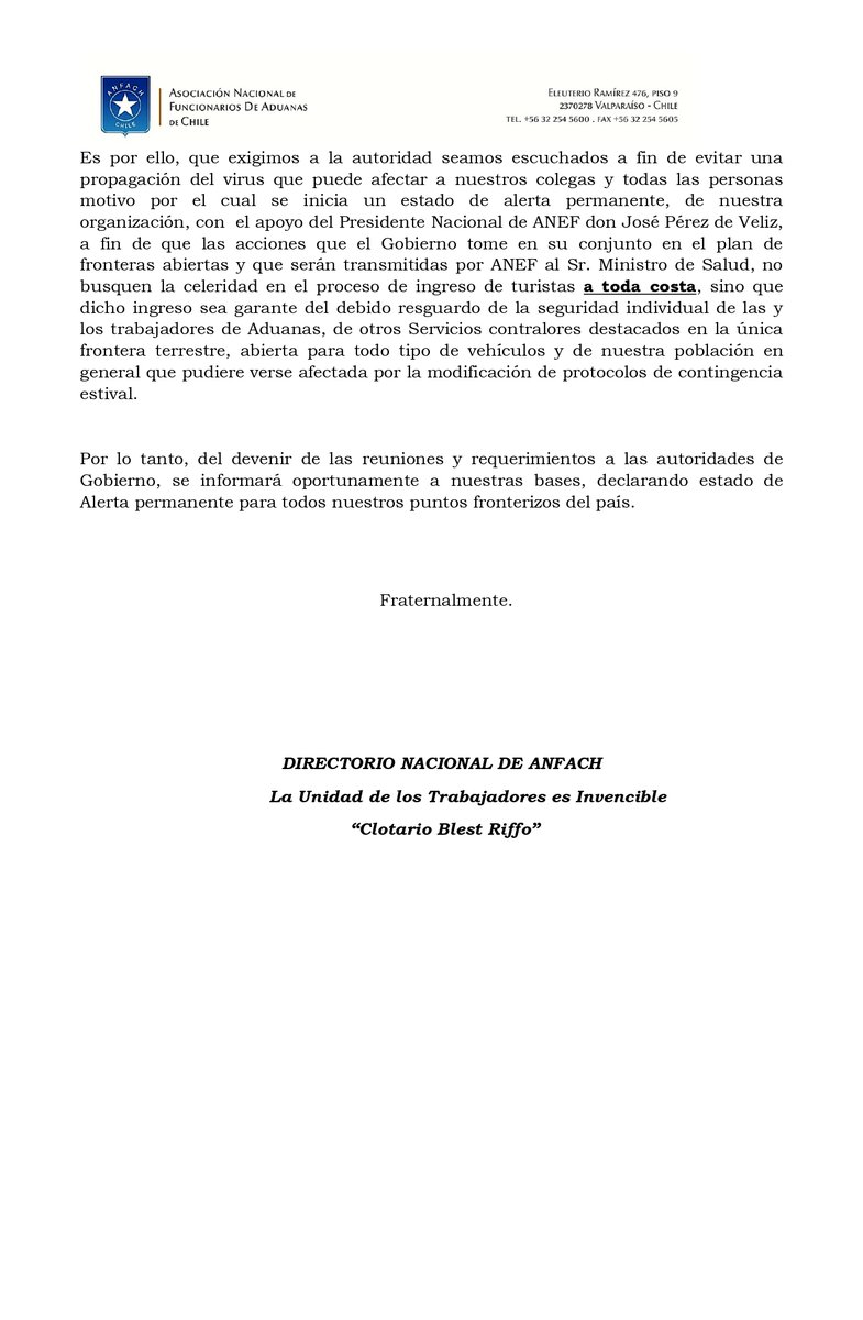 !! URGENTE !! GREMIO ADUANERO ANFACH se declara en Estado de Alerta por modificación de protocolo sanitario en las fronteras <a href="/anefchile/">ANEF</a> <a href="/ChileAet/">AET Nacional Chile</a> <a href="/AnfachO/">@ANFACH_oficial</a> <a href="/ANEC_Chile/">ANEC</a> <a href="/AChilecompra/">Asociación de Funcionarios de ChileCompra</a> <a href="/aneiich/">aneiich</a> <a href="/Afiich/">Afiich</a> <a href="/AfsagNacional/">@AfsagNacional</a>
