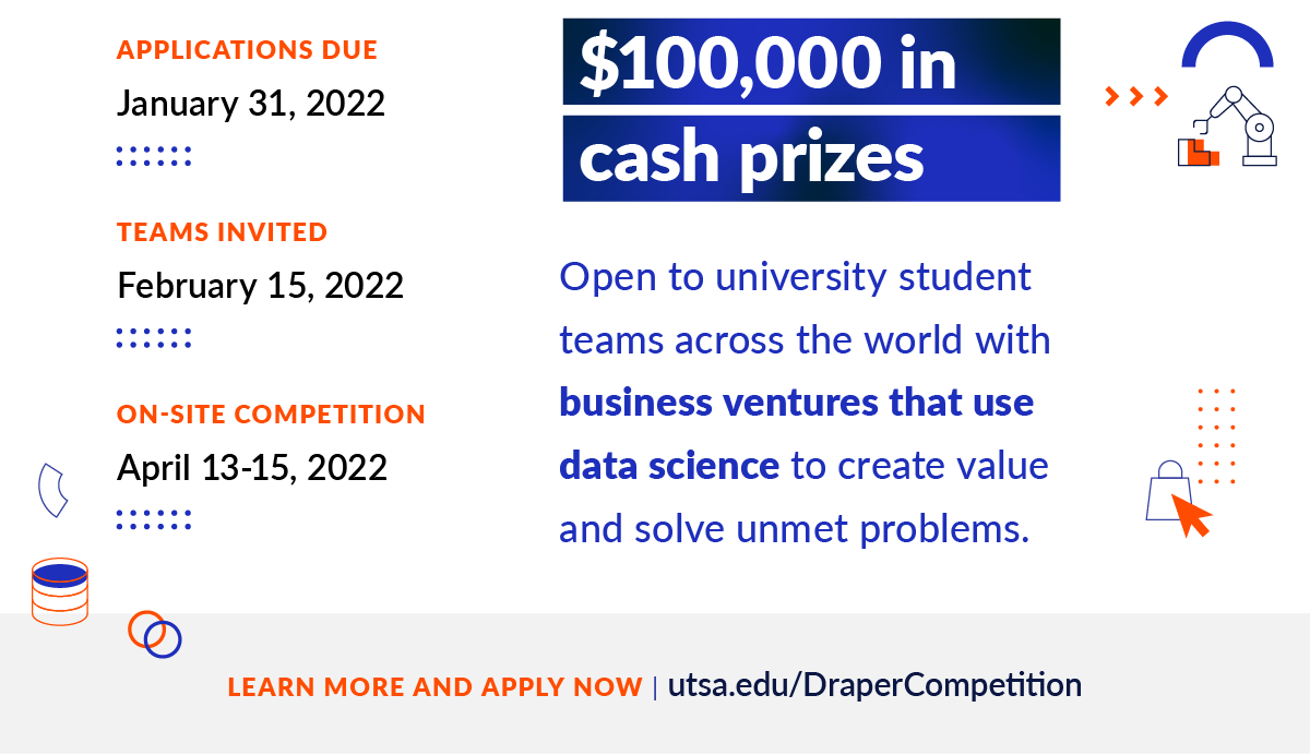 utsacaicc's tweet image. Don’t miss out!  The deadline to apply for the Draper Data Science Business Plan Competition is January 31.
Have questions? Register for an info session on January 18: bit.ly/33jS7Qa
Help transform the world! #SDSData #DataScience
