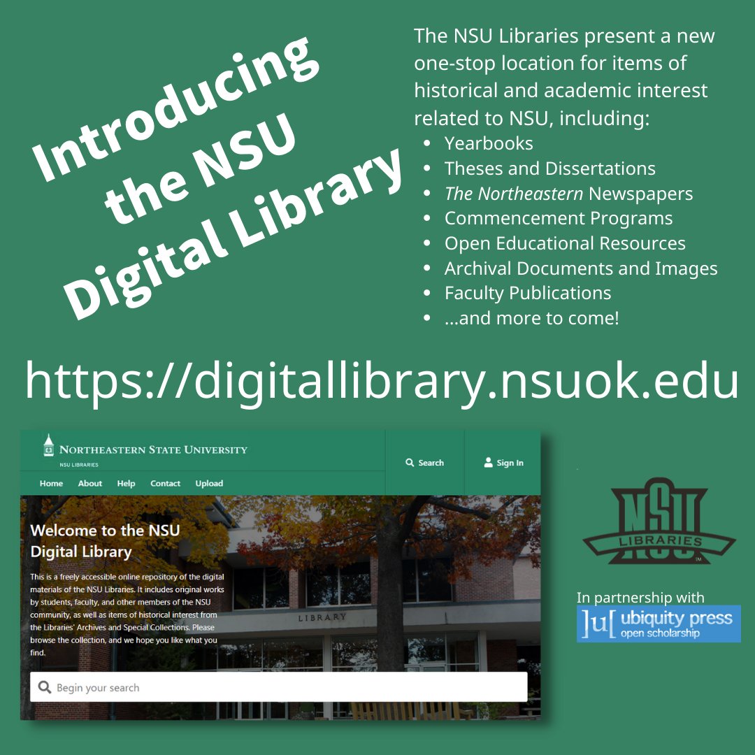 Looking for historical documents and images about <a href="/NSURiverHawks/">Northeastern State</a>? Now there's a one-stop shop for everything from yearbooks to dissertations to photos. Visit digitallibrary.nsuok.edu to take a look!