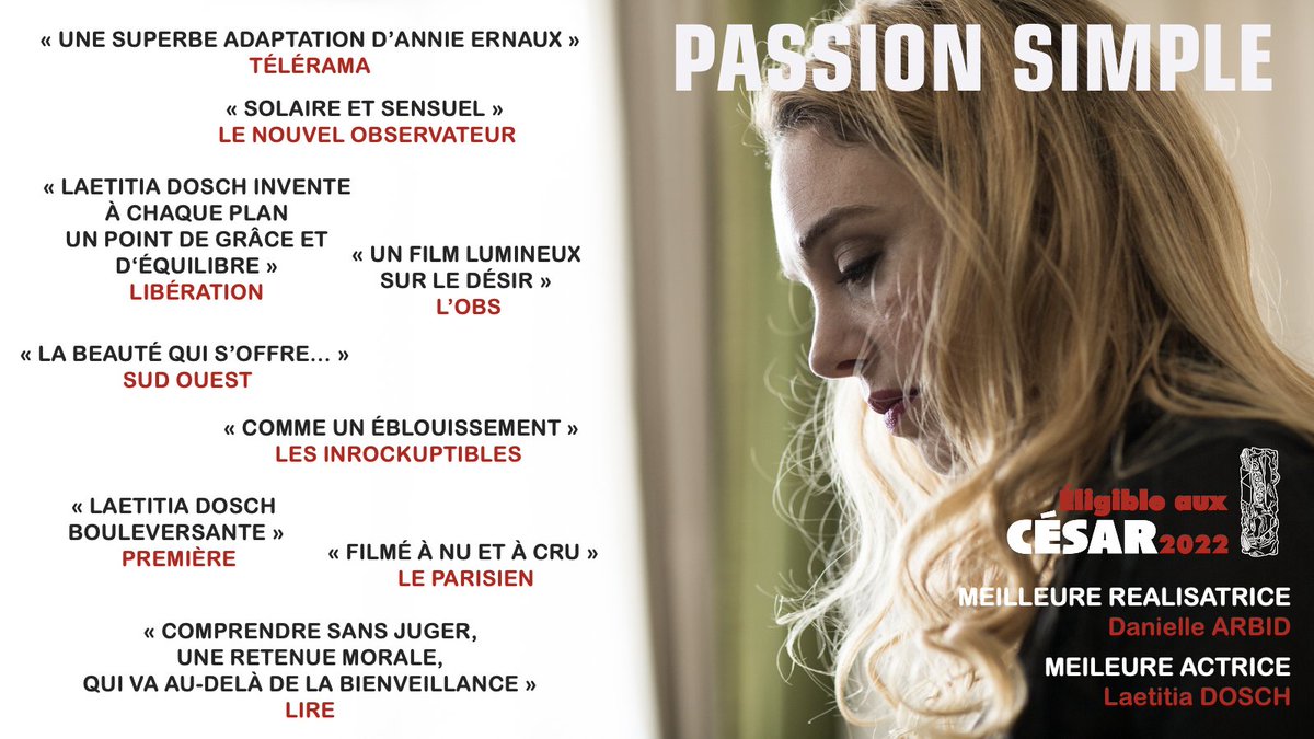 LesFilmsPelleas's tweet photo. ✨ Passion Simple de Danielle Arbid est éligible aux César 2022 notamment dans les catégories Meilleure réalisatrice et Meilleure actrice ✨
🔥🔥🔥
@Les_Cesar
#cesar2022
#passionsimple
#daniellearbid
#laetitiadosch
#sergeipolunin https://t.co/Mpg57XKnDn