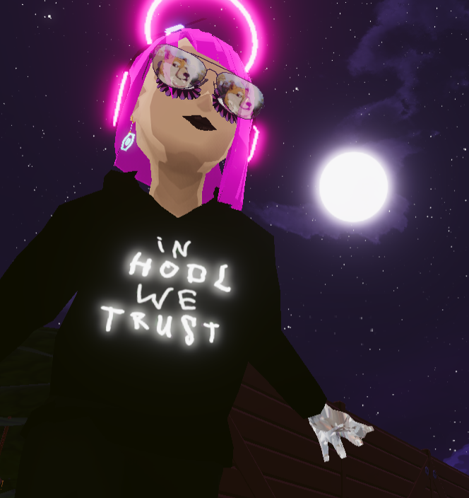 Good morning friends! I'm wearing my Diamond Hands hoodie by <a href="/HODLHQ/">HODLHQ</a> and brand new lips by <a href="/RaevynDCL/">Raevyn.eth</a> with my @SugarClub_ Yumi wig to remind myself that prices will rise and fall, but I will HODL.