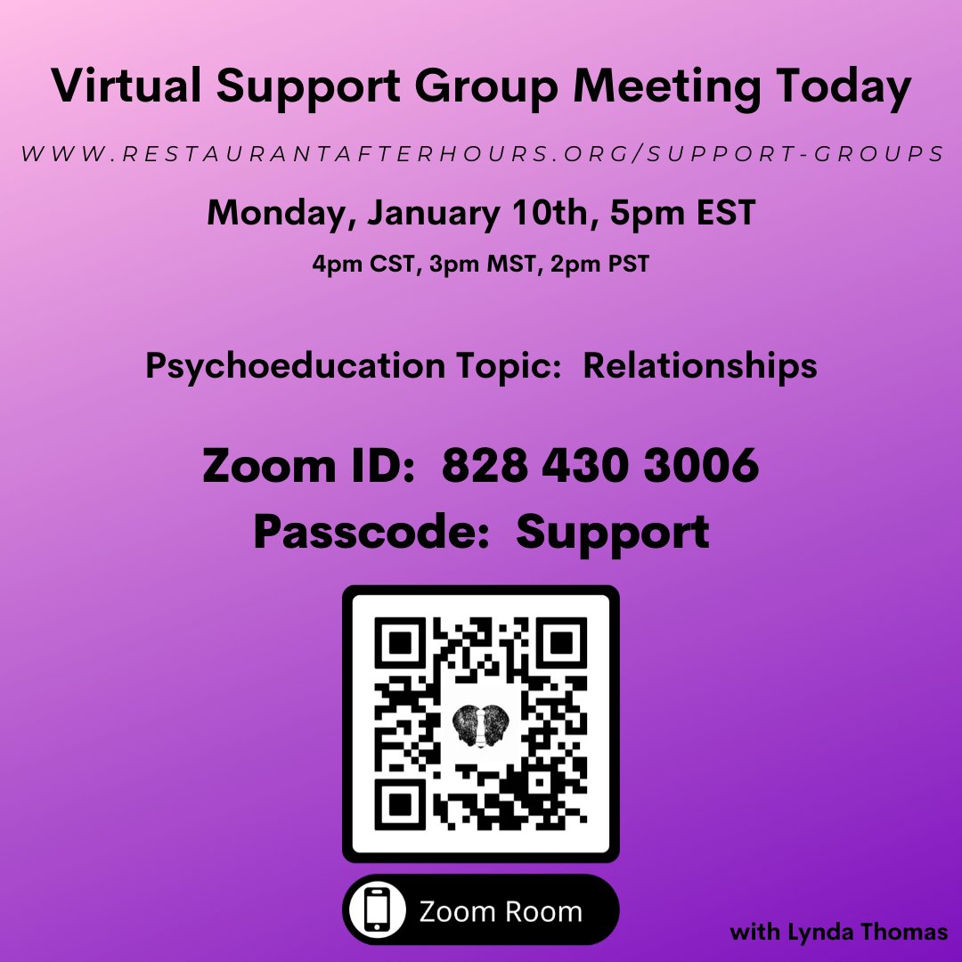 One-click zoom link:
us06web.zoom.us/j/8284303006?p…

Restaurant After Hours' Virtual Support Group will be meeting today, Jan 10th, at 5pm EST.  

This meeting will focus around Relationships, facilitated by Lynda.

We hope to see you later today.

restaurantafterhours.org/support-groups…