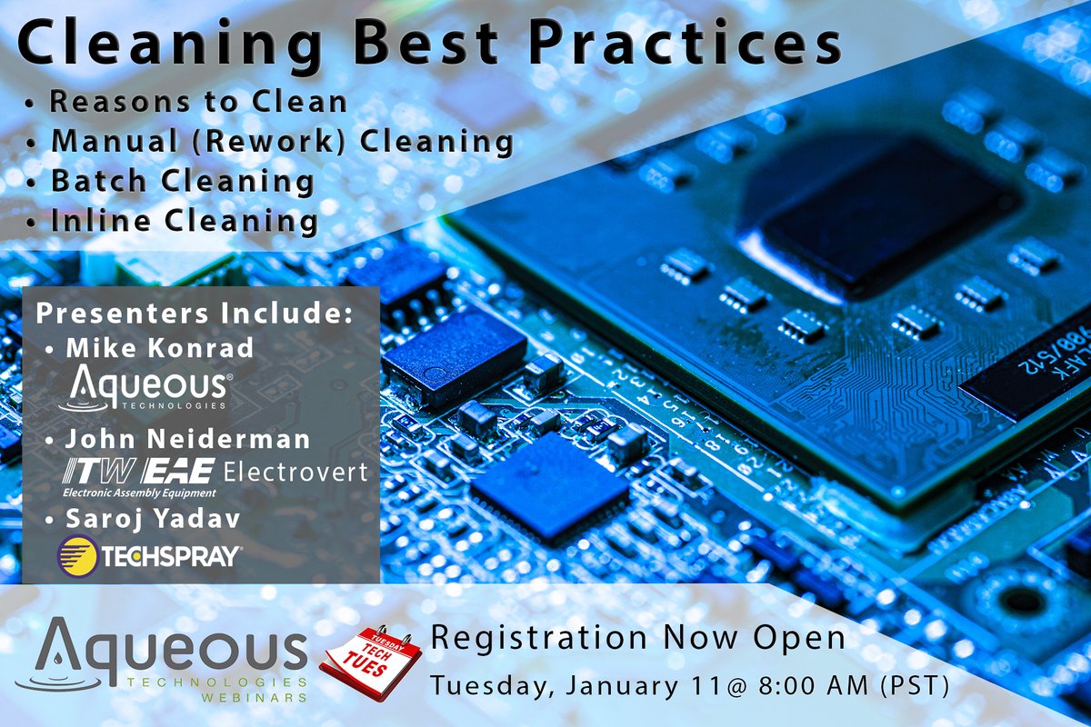 techspray's tweet image. One last reminder about Aqueous Technologies&apos; webinar about Cleaning Best Practices. Join in tomorrow morning to hear from our own Dr. Saroj Yadav.

✅ Reasons to clean
✅ Manual (Rework) Cleaning
✅ Batch Cleaning
✅ Inline Cleaning

Register: bit.ly/3F18krt