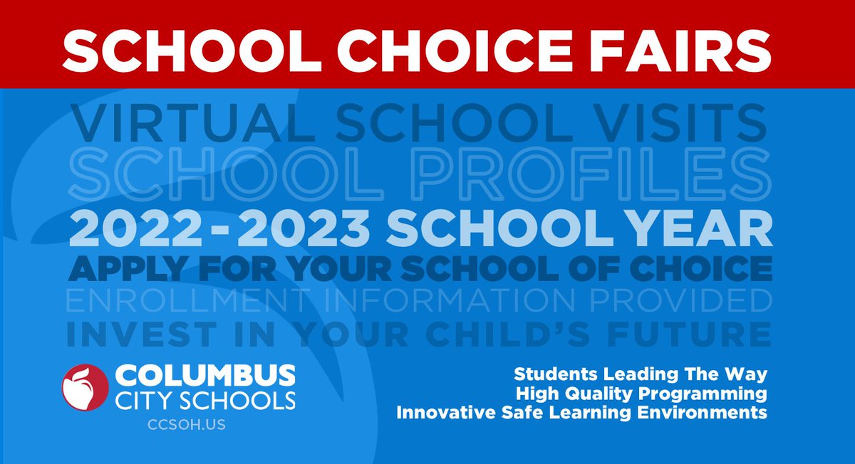 ColsCitySchools's tweet image. Our 2022-2023 School Choice Fairs are entirely virtual again this year, and begin with high school and middle school information sessions this Thursday, January 13! Watch video profiles of each school and get more information: ccsoh.us/schoolchoice #OurCCS