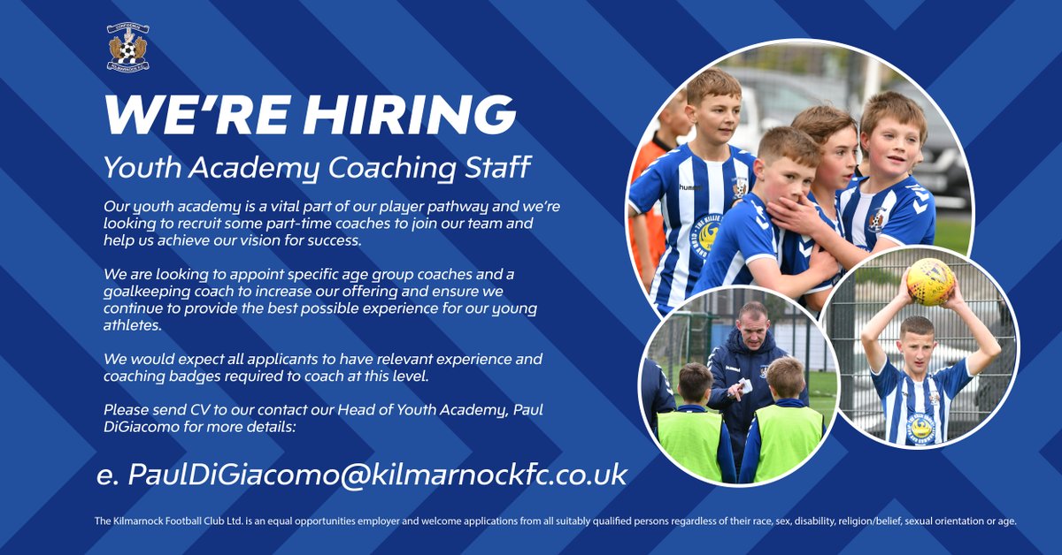 Opportunities to join our talented <a href="/KFCYouthAcademy/">Kilmarnock FC Youth Academy</a> team

Closing Date: Friday 21st January, 2022