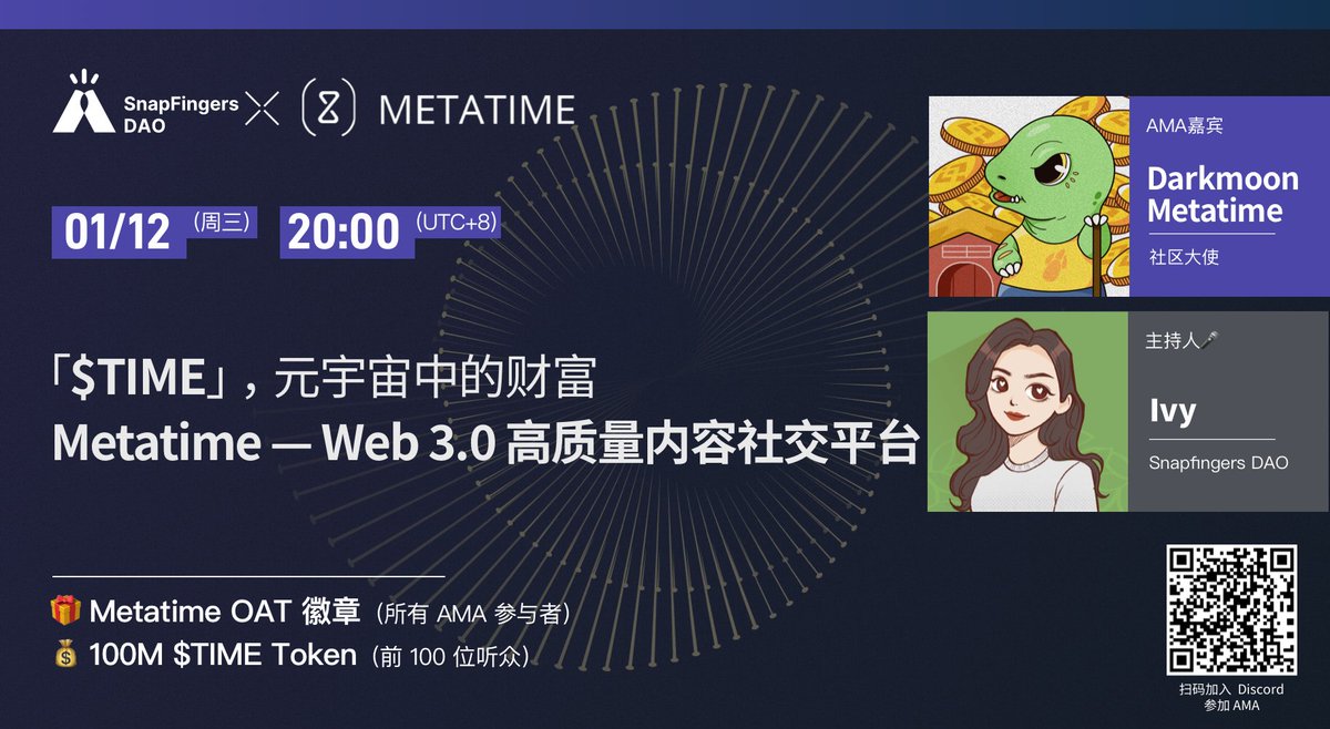 SnapFingerX's tweet image. #Web3 社交内容平台 Metatime 将在 SnapFingersDAO 进行语音 AMA，一起通过分享价值内容创造收益！
⏰ 1/12 20:00 UTC+8
🎩地点 discord.gg/JRtPHQEJ
🎁活动奖励：@ProjectGalaxyHQ OAT + 额外 100M $TIME 代币给前 100 位参与者
👉关注 @Metatime_social、@SnapFingersDAO，并 RT 此推文可参加。