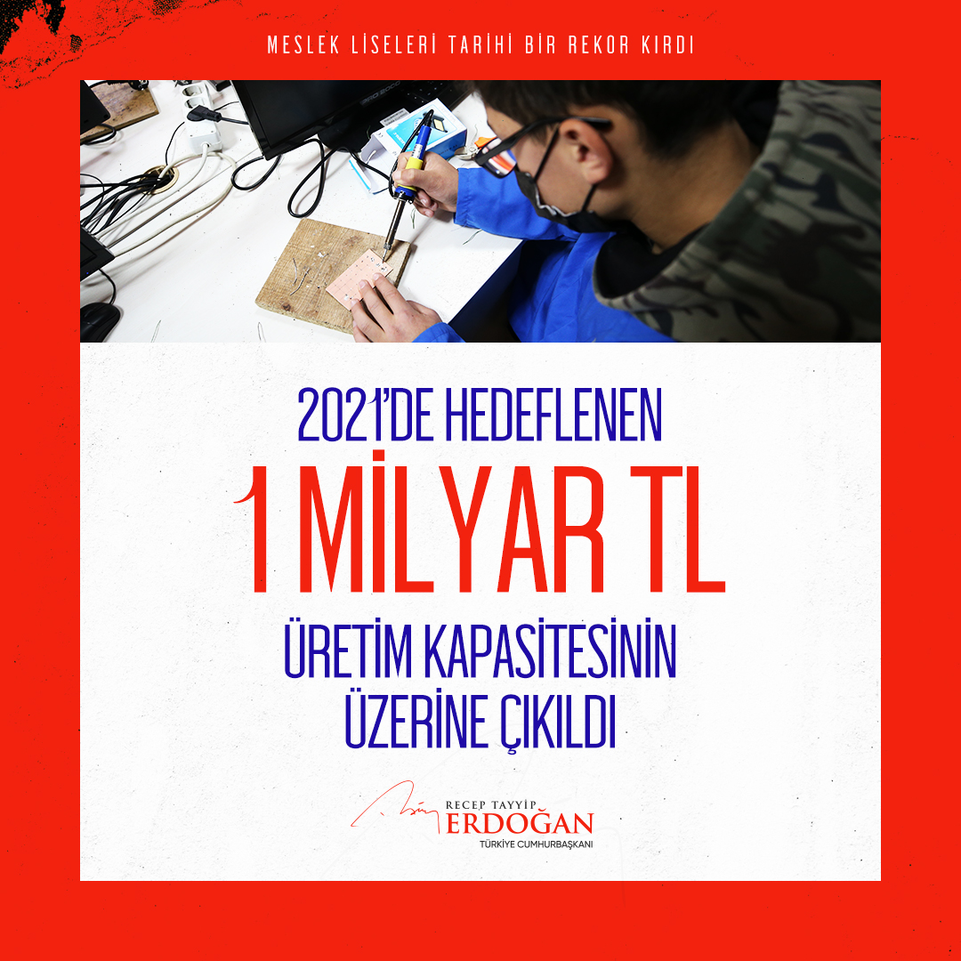 Geçtiğimiz yıl, hedeflenen 1 milyarlık üretim kapasitesinin de üzerine çıkılarak meslek liseleri açısından tarihî bir rekor kırıldı.

Döner sermaye kapsamında yapılan üretimden öğrencilerimiz ve öğretmenlerimiz de önemli miktarda pay aldı.